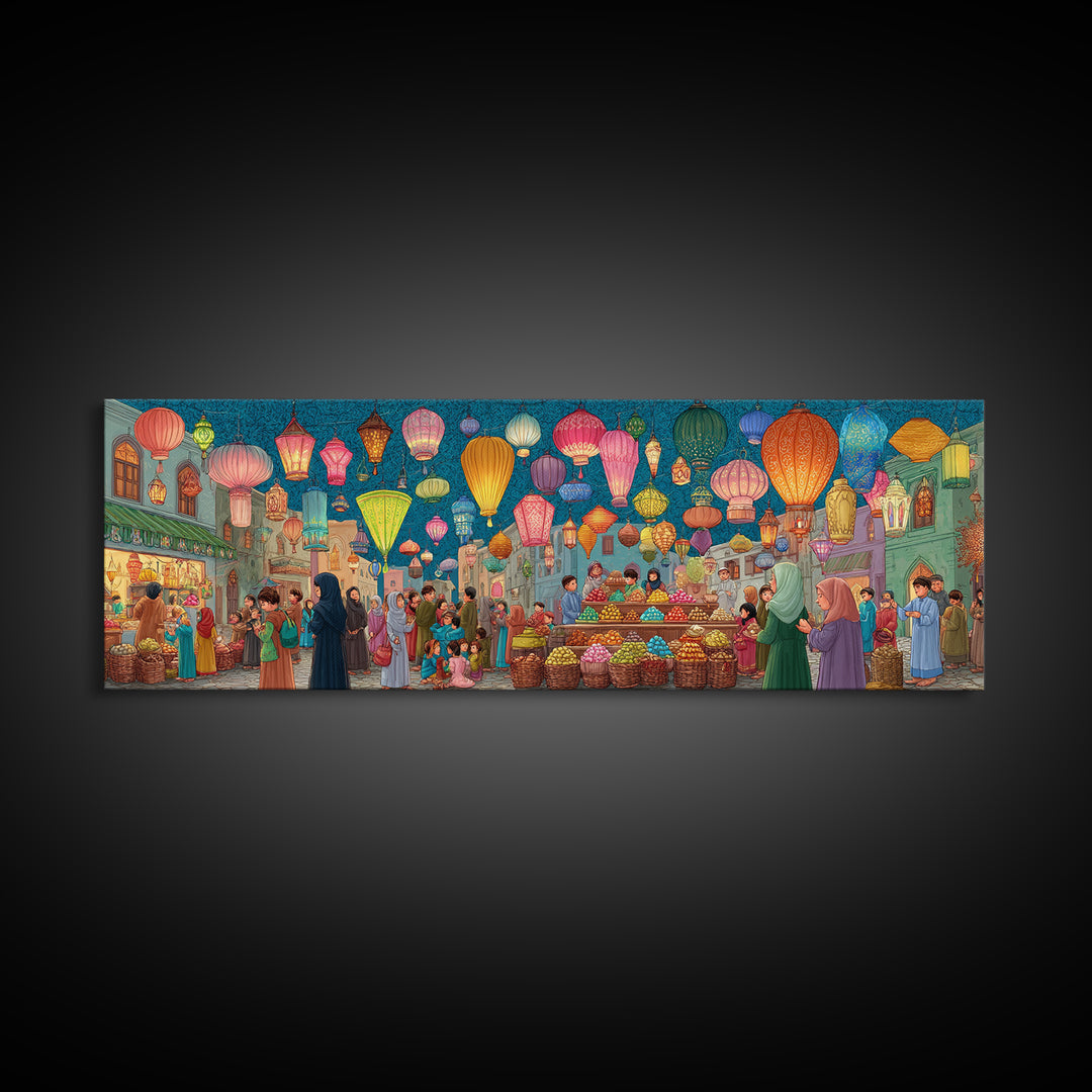 Bustling Market Scene Painting With Lanterns And People Vibrant Traditional Street Life Colorful Wall Art