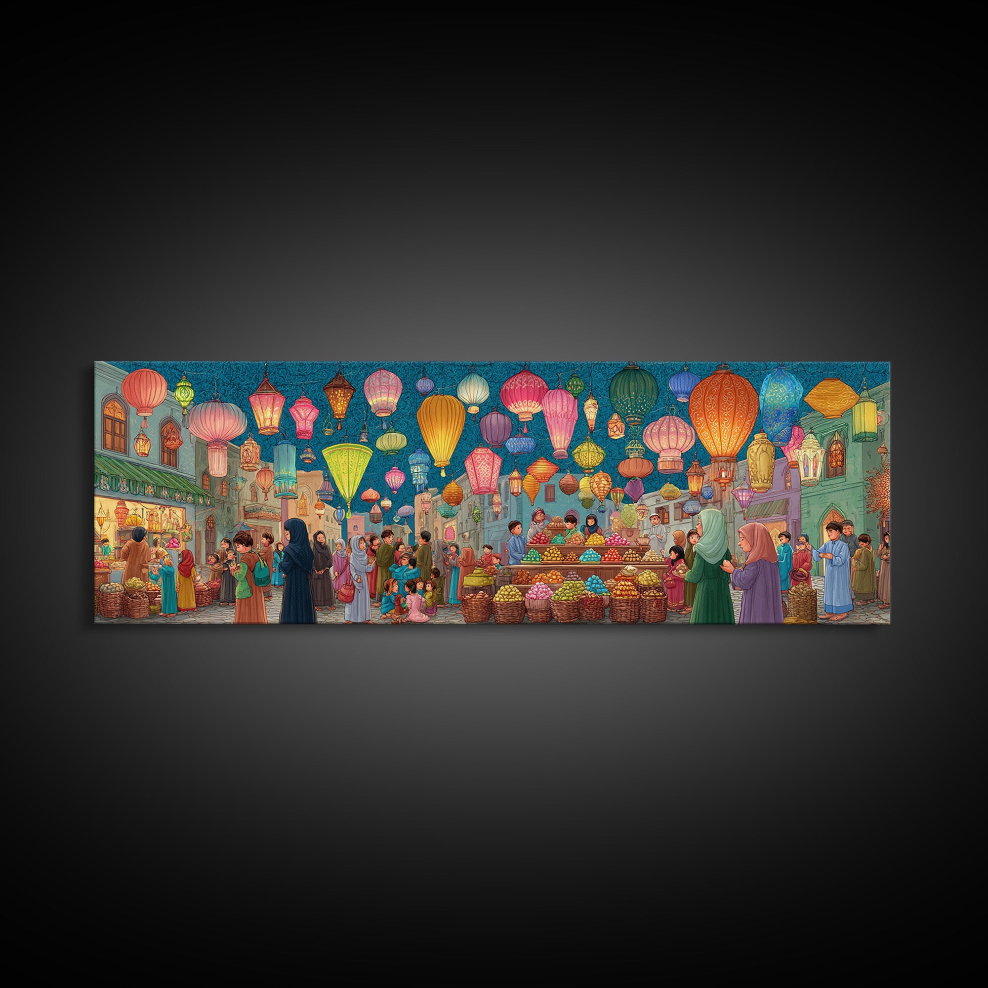 Bustling Market Scene Painting With Lanterns And People Vibrant Traditional Street Life Colorful Wall Art
