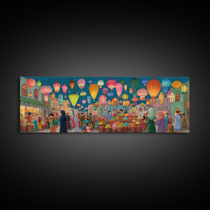 Bustling Market Scene Painting With Lanterns And People Vibrant Traditional Street Life Colorful Wall Art