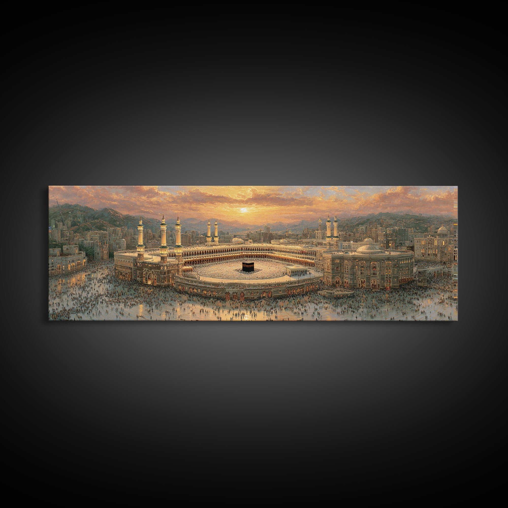 Sunset Over Mecca Holy City Islamic Art Print Large Wall Art Framed Canvas Print For Spiritual Home Decor