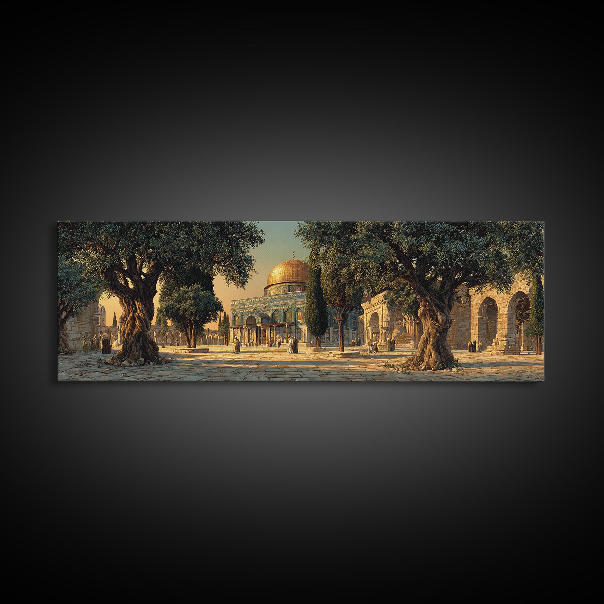 Stunning Realistic Mosque Courtyard With Olive Trees And People Framed Canvas Print For Islamic Home Decor Wall Art