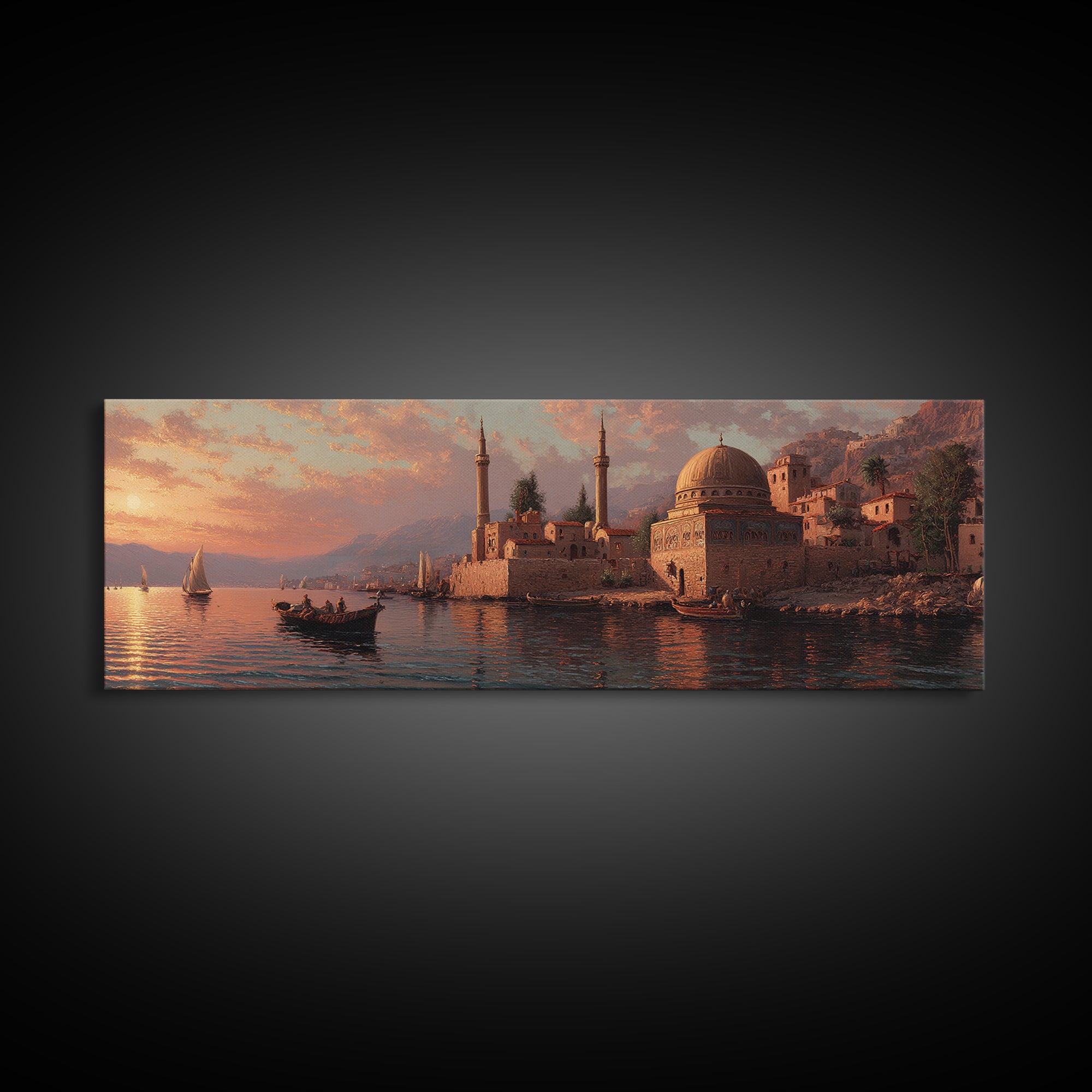Seaside Town At Sunset Oil Painting Canvas Print With Boats And Warm Orange Glow Wall Art For Coastal Home Decor And Dining Room