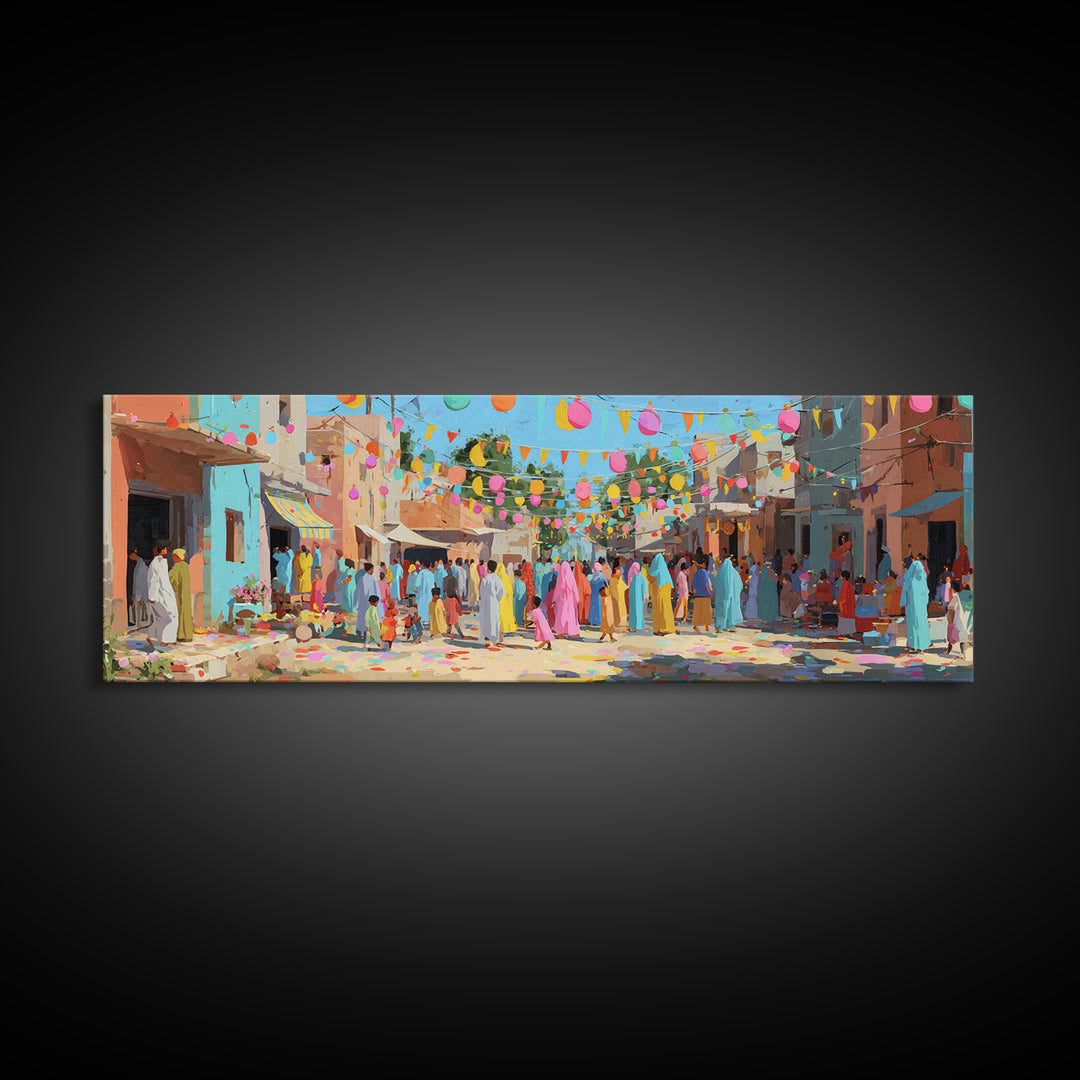 Festive Colorful Town Square Celebration Digital Painting Bright Lanterns And Crowds For Joyful Wall Art