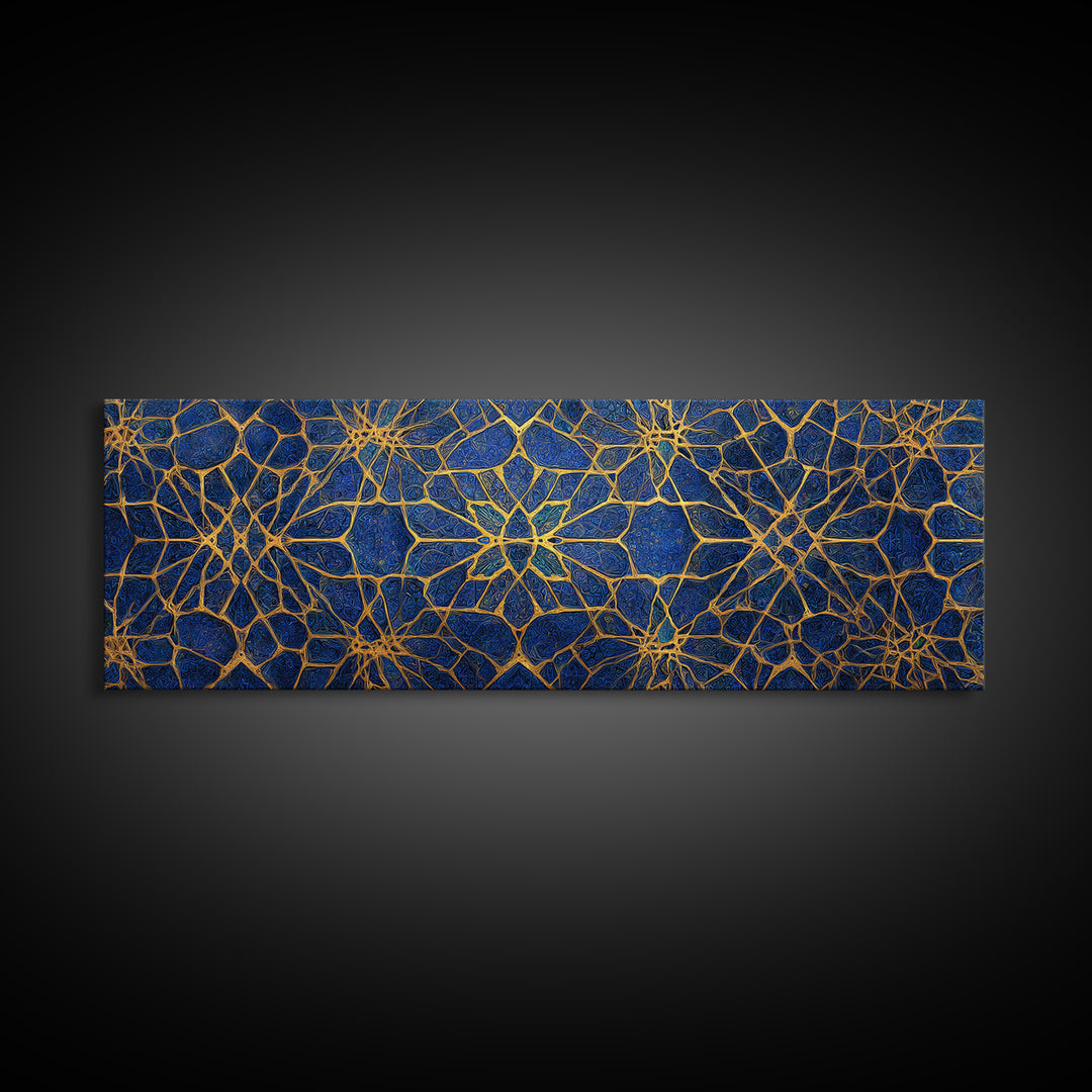 Detailed Blue And Gold Islamic Geometric Pattern Canvas Print For Elegant Religious Home Decor