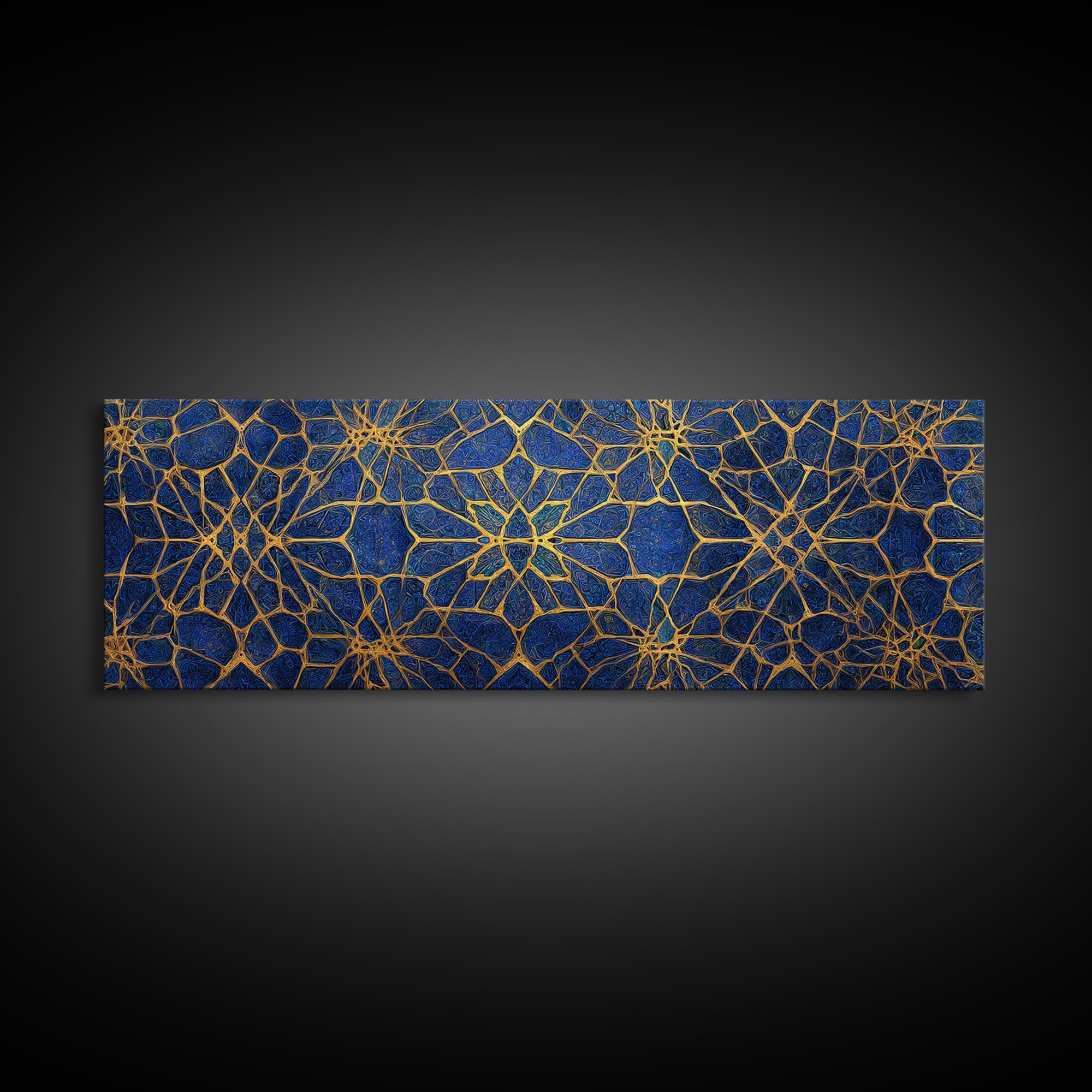 Detailed Blue And Gold Islamic Geometric Pattern Canvas Print For Elegant Religious Home Decor