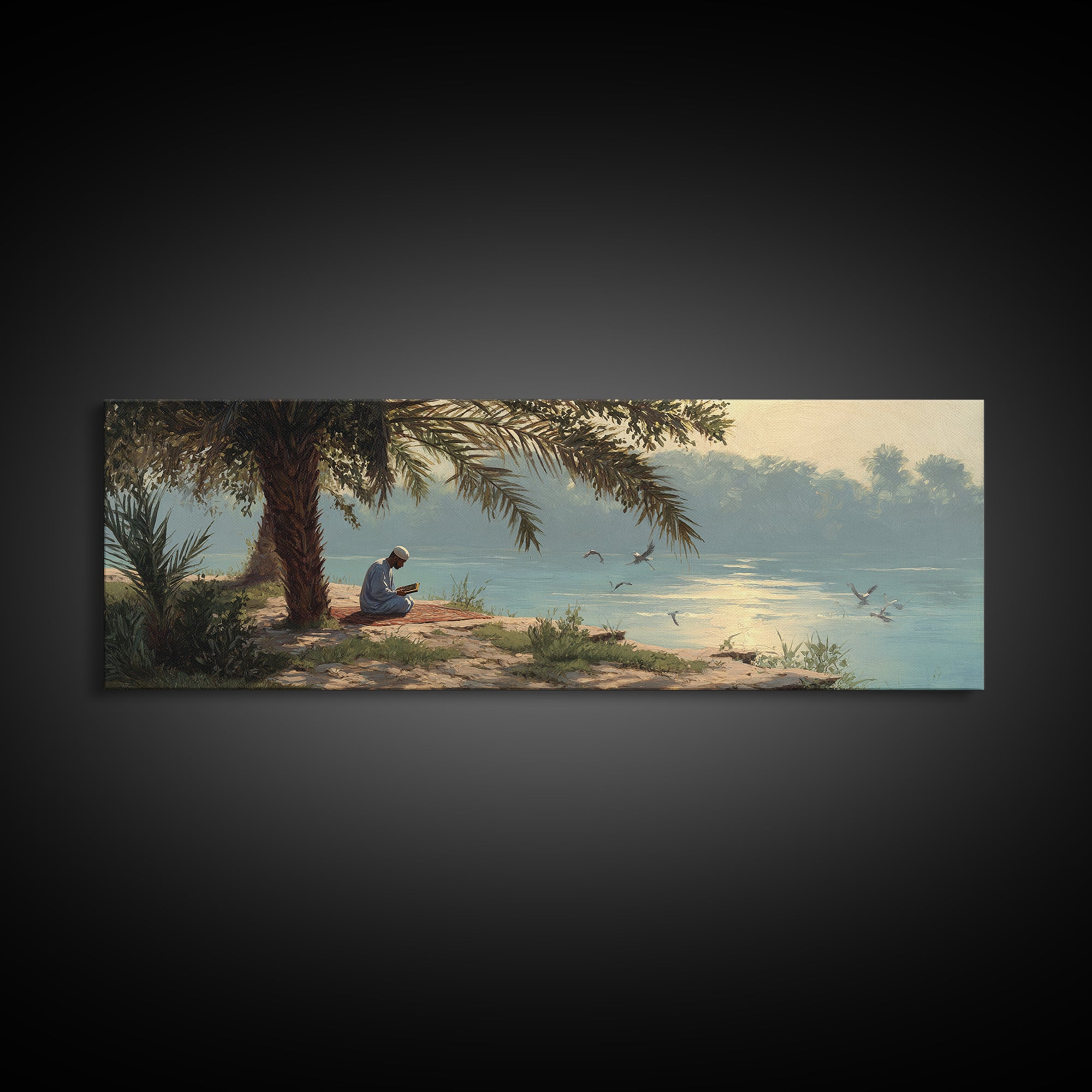 Tranquil Riverside Scene With Man Reading Sacred Text Surrounded by Palm Trees and Calm Waters Oil Painting Canvas Print