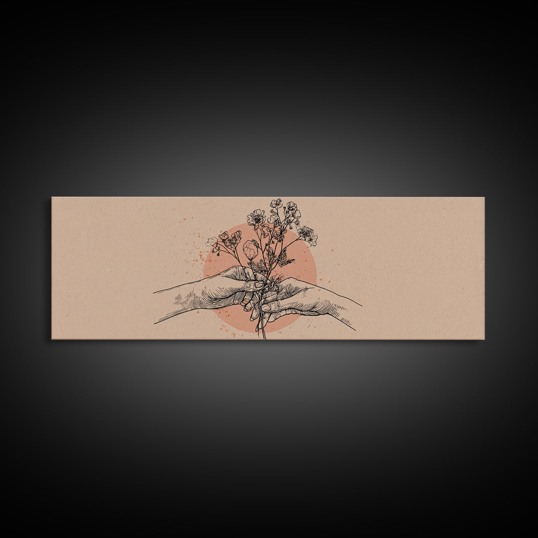 Hands Holding Wildflowers Line Art Wall Art, Neutral Botanical Canvas Print, Romantic Gift For Her And Minimal Bedroom Decor