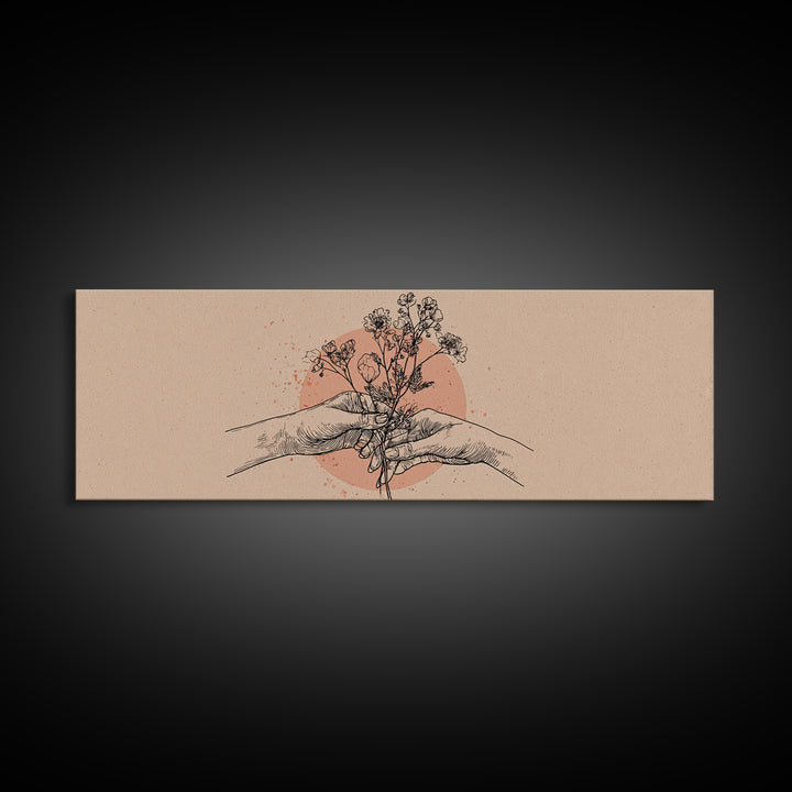 Hands Holding Wildflowers Line Art Wall Art, Neutral Botanical Canvas Print, Romantic Gift For Her And Minimal Bedroom Decor