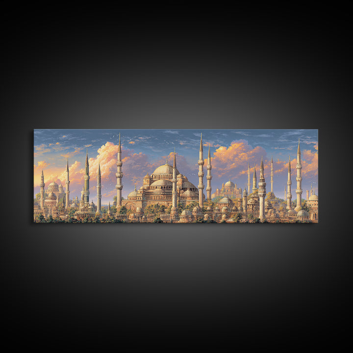 Vibrant Cityscape With Ornate Minarets And Warm Sunset Sky Framed Canvas Print For Home Decor