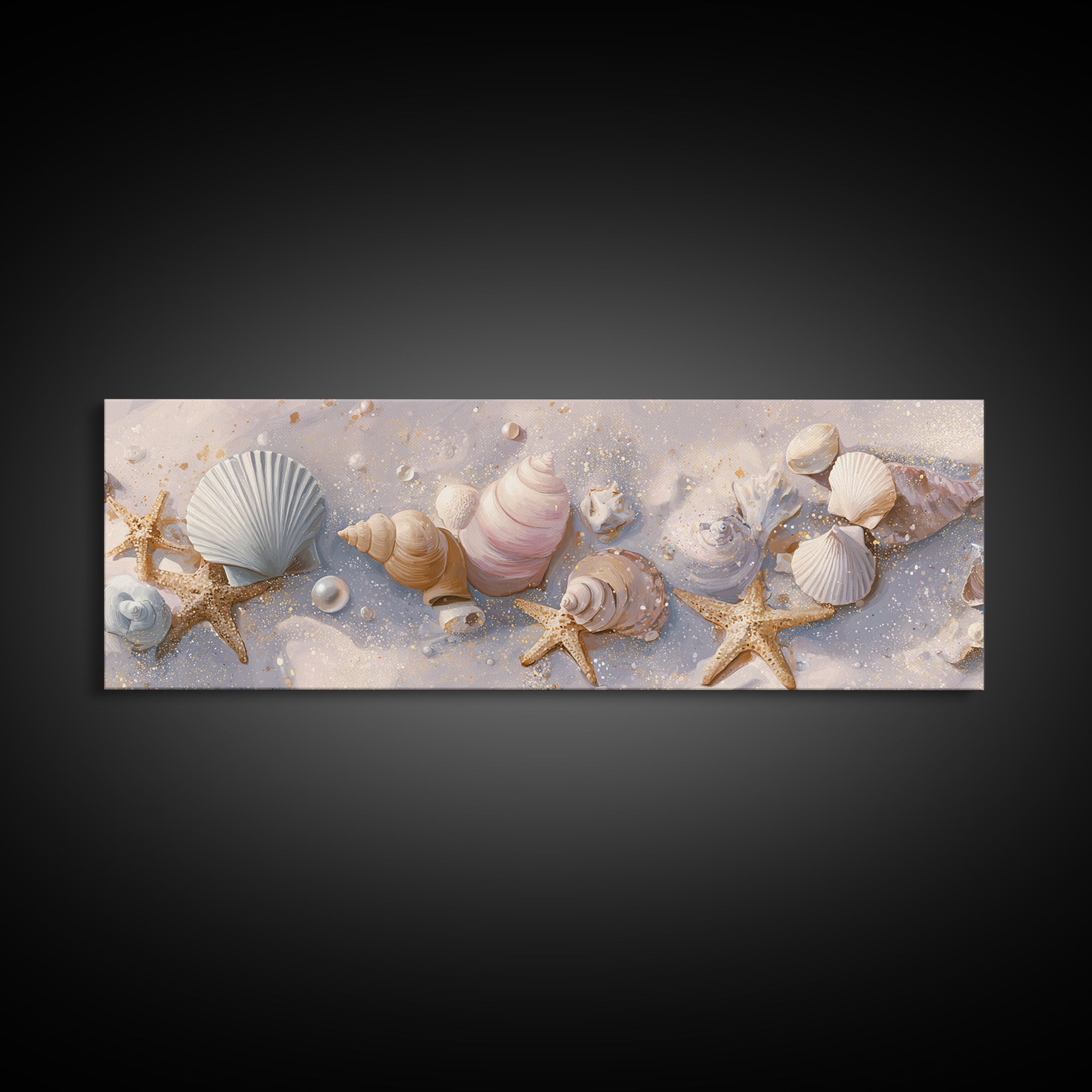 Pastel Seashells And Starfish Beach Wall Art, Coastal Canvas Print, Nautical Bathroom Decor And Beach House Gift For Her