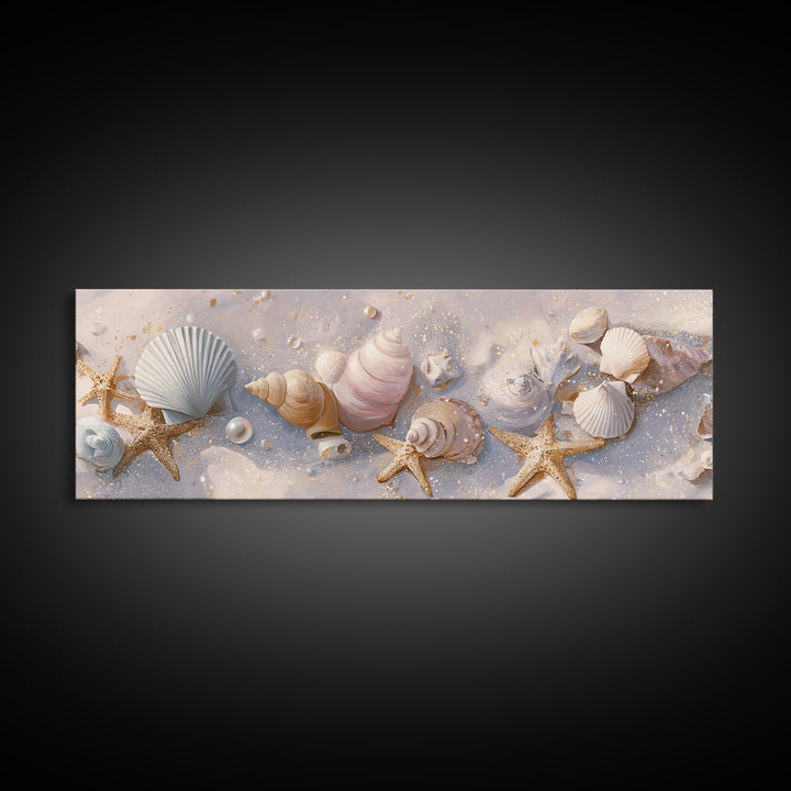 Pastel Seashells And Starfish Beach Wall Art, Coastal Canvas Print, Nautical Bathroom Decor And Beach House Gift For Her