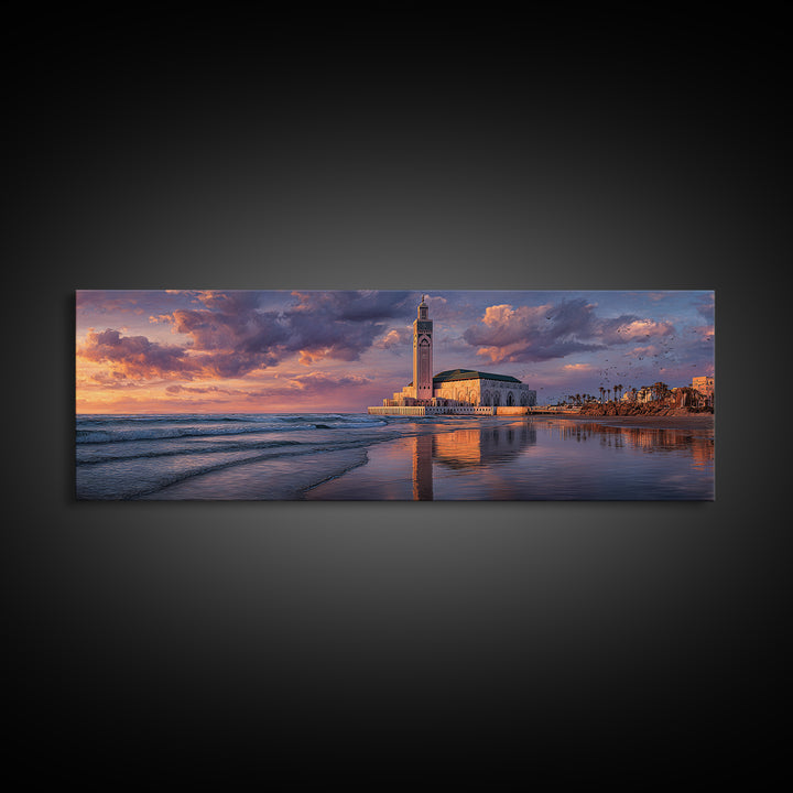 Sunset Over Iconic Casablanca Mosque With Reflective Water Wall Art Framed Canvas Print For Coastal Decor