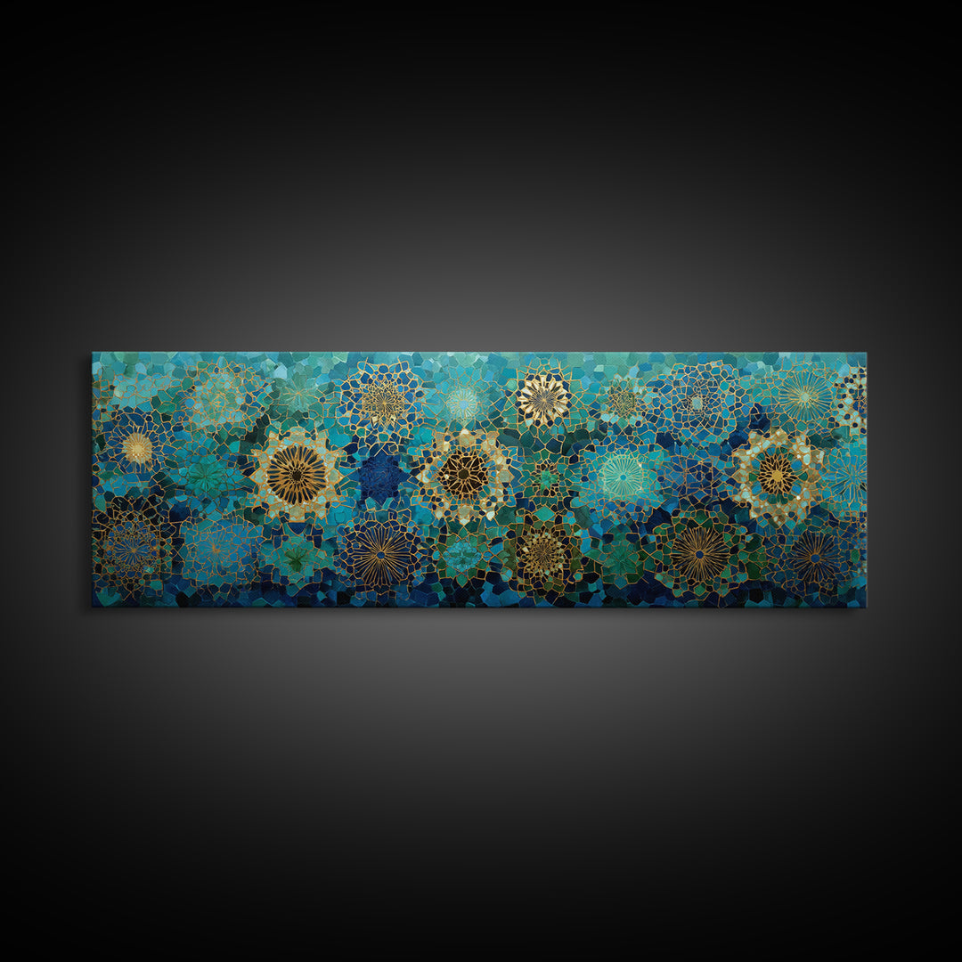 Intricate Green And Blue Moroccan Mosaic Pattern Abstract Wall Art Canvas Print For Exotic Home Decor Gift