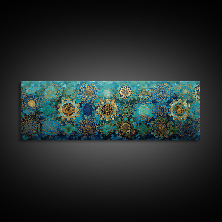 Intricate Green And Blue Moroccan Mosaic Pattern Abstract Wall Art Canvas Print For Exotic Home Decor Gift