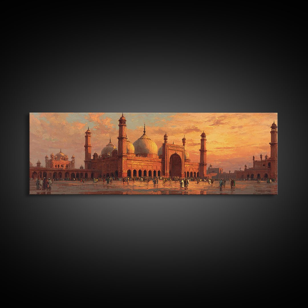 Sunset Over Lavish Mosque Oil Painting Wall Art Framed Canvas Print With Vibrant Orange Skies And Historical Architecture Home Decor