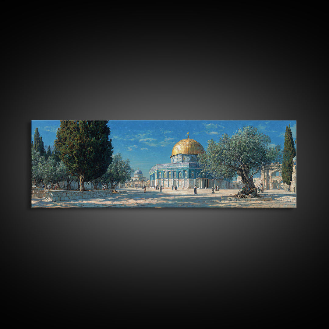 Vivid Middle Eastern Architecture Painting With Golden Dome And Olive Trees Captivating Historical Wall Art