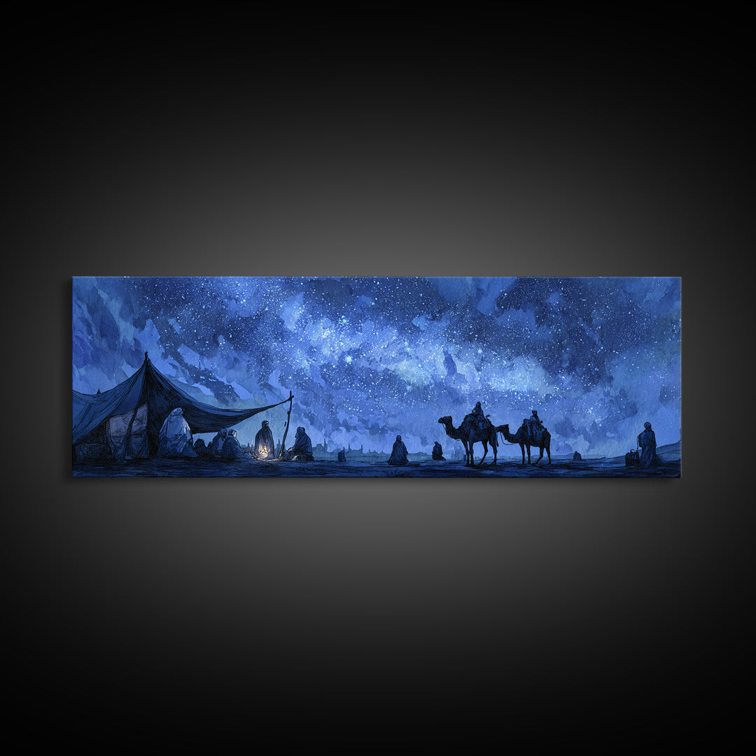 Mystical Desert Night Scene With Campfire And Stargazing Nomads Wall Art Framed Canvas Print For Rustic Home Decor