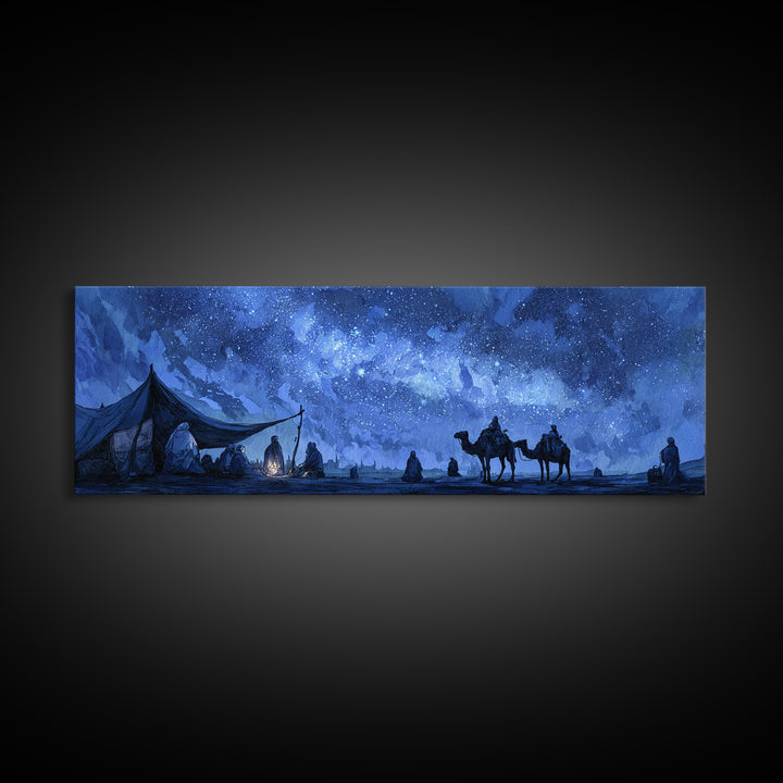 Mystical Desert Night Scene With Campfire And Stargazing Nomads Wall Art Framed Canvas Print For Rustic Home Decor