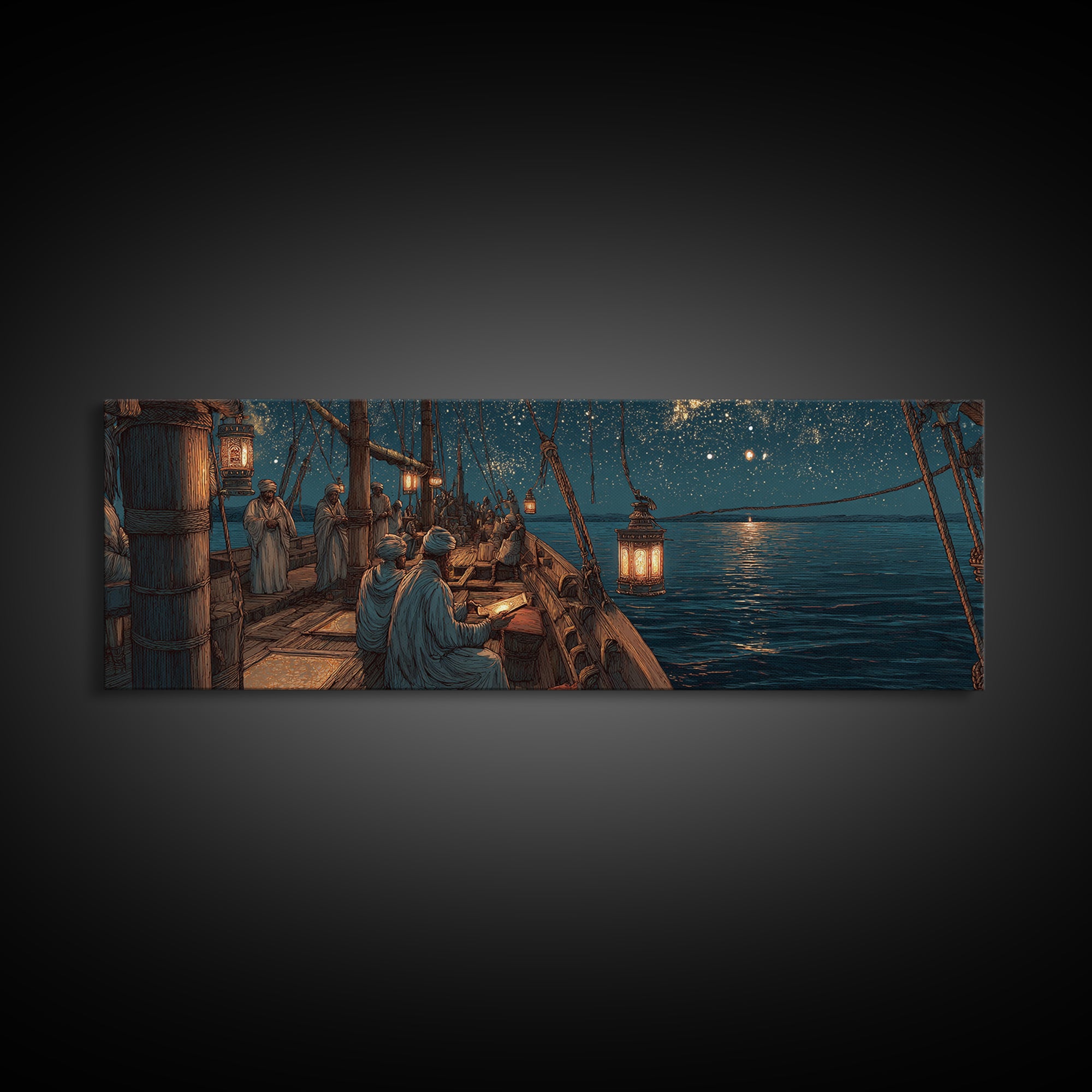 Peaceful Twilight Landscape With Pier And Fireflies Romantic Wall Art Framed Canvas Print Calm Evening Decor