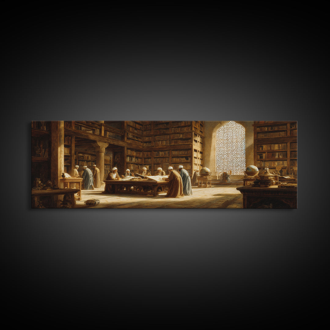 Historical Middle Eastern Library Scene Painting Wall Art Framed Canvas Print For Study Room Decor And Book Lover Gift
