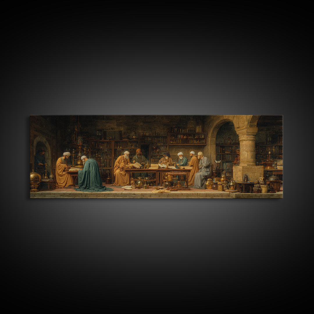 Intricate Middle Eastern Study Scene With Scholars And Books Classic Style Oil Painting Wall Art Framed Canvas Print
