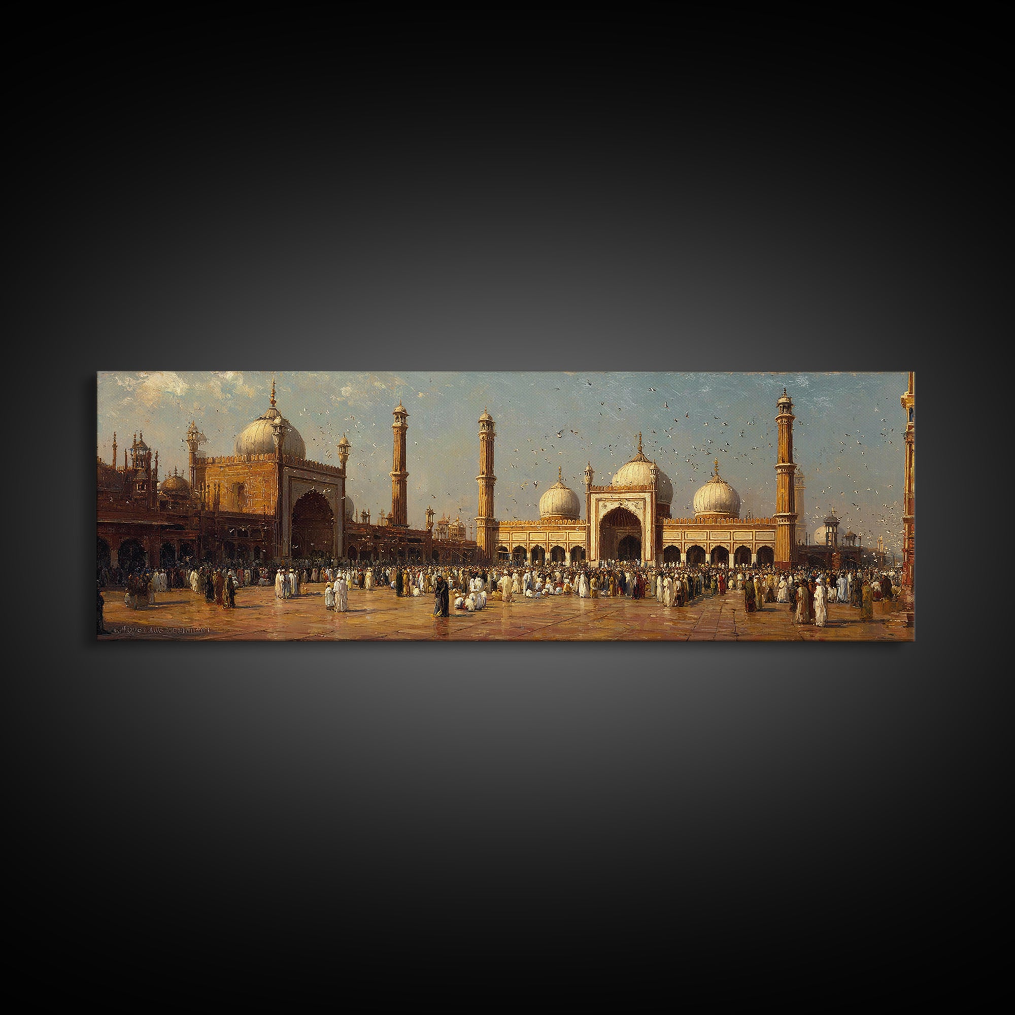 Vintage Indian Mosque Scene With Crowds In Traditional Attire Antique Oil Painting Wall Art Framed Canvas Print