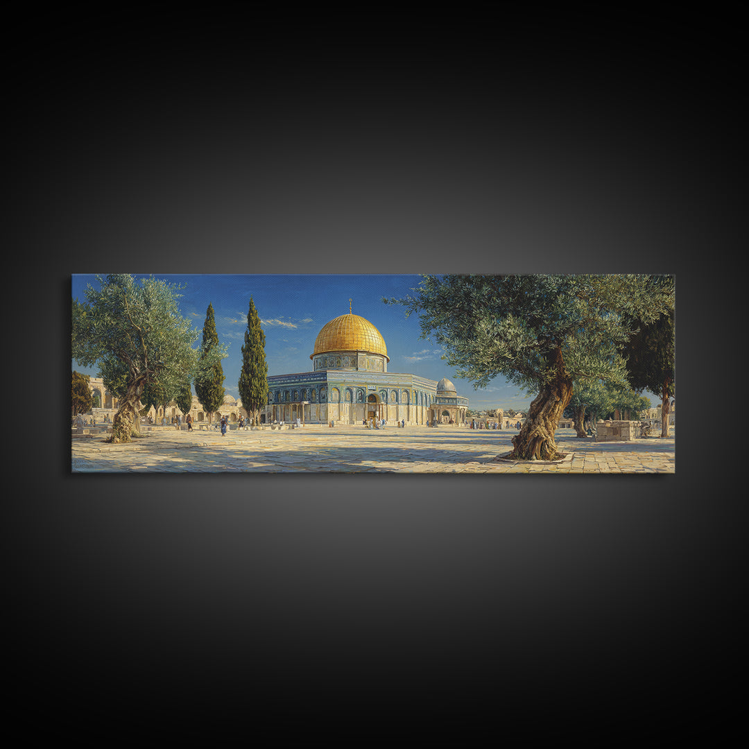 Beautiful Dome Mosque Courtyard With Olive Trees Under Blue Sky Traditional Middle Eastern Oil Painting Wall Art