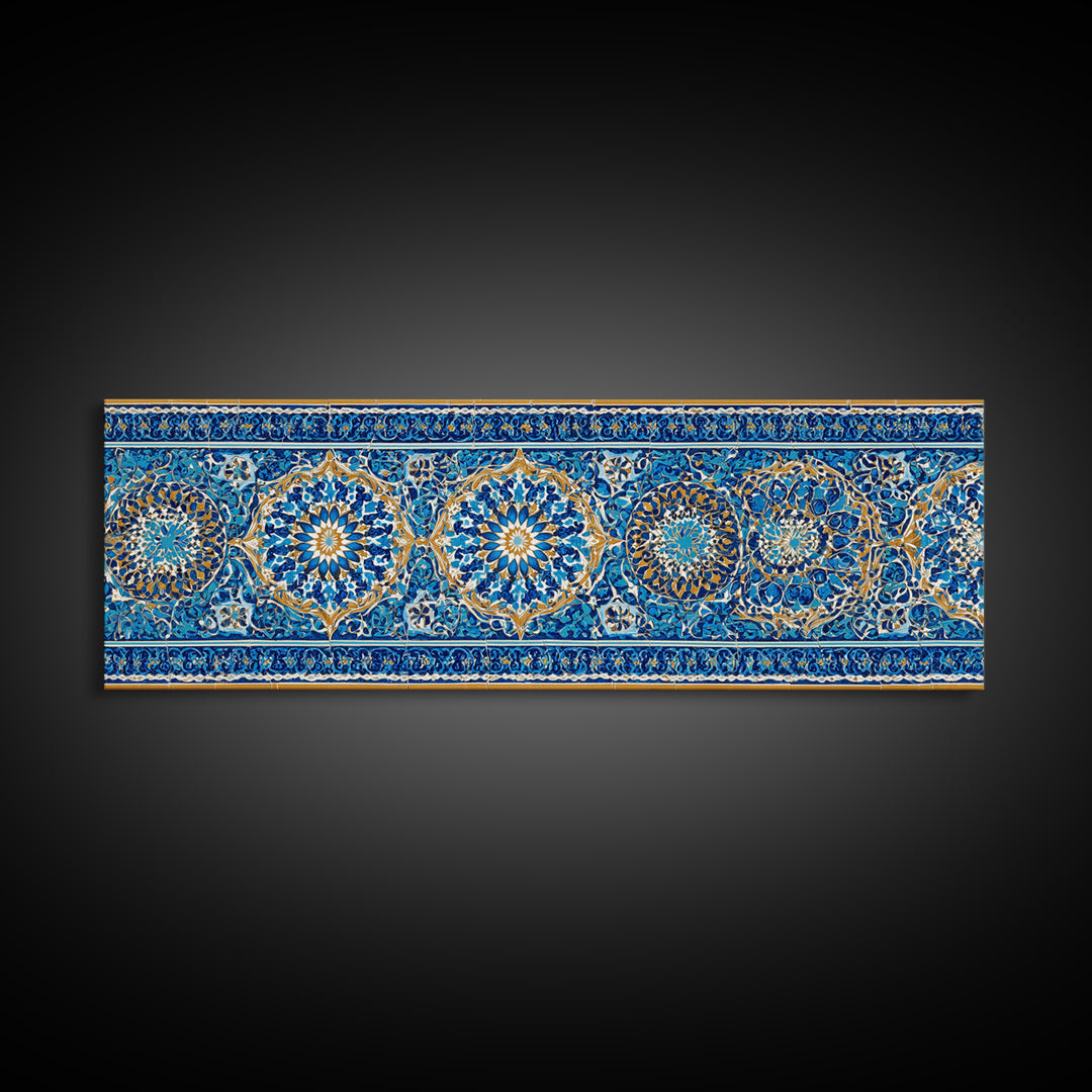 Detailed Handpainted Islamic Tile Blue And Gold Pattern Artwork Canvas Print For Moroccan Home Decor And Framed Wall Art