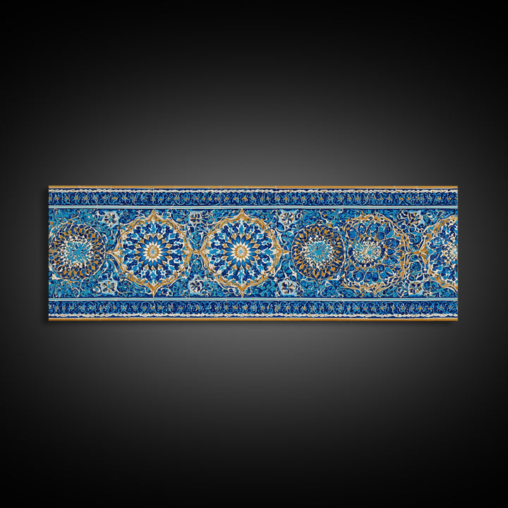 Detailed Handpainted Islamic Tile Blue And Gold Pattern Artwork Canvas Print For Moroccan Home Decor And Framed Wall Art