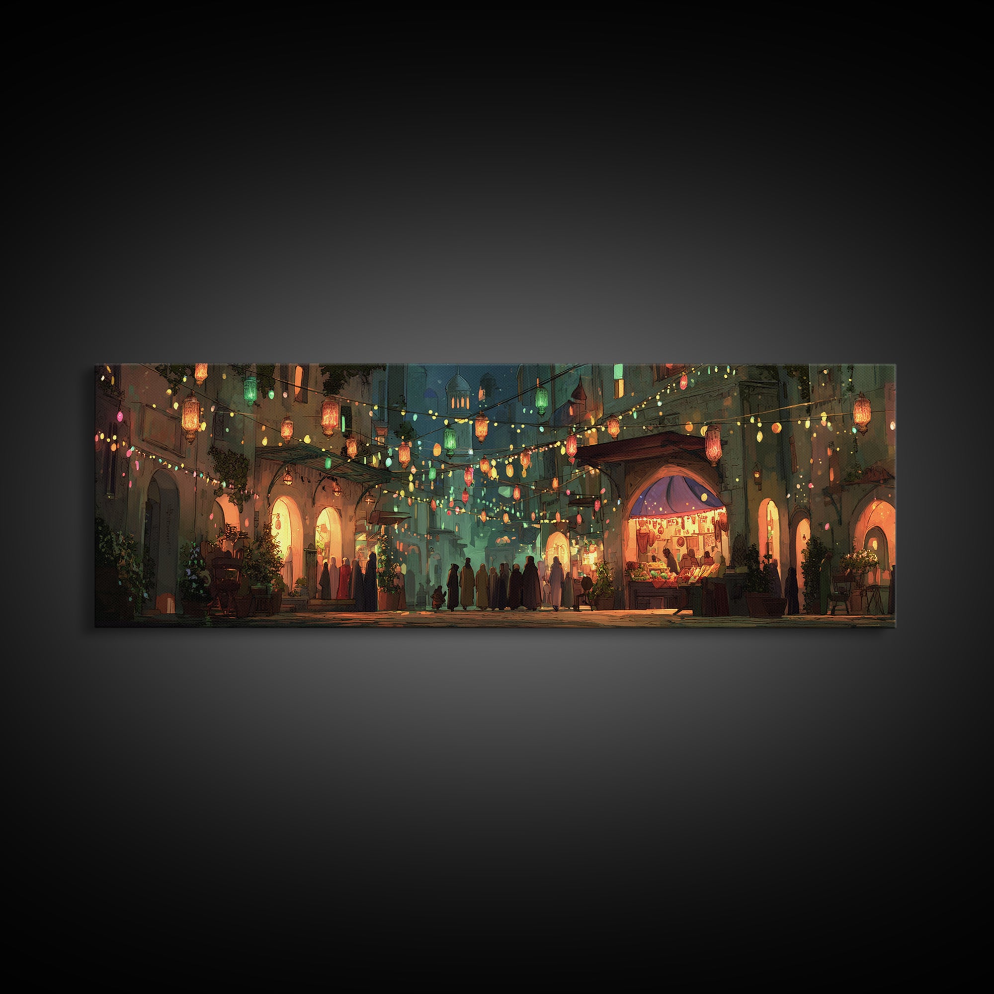 Vibrant Nighttime Street Market Scene With Lanterns And Crowds Framed Canvas Print