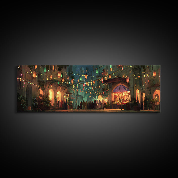 Vibrant Nighttime Street Market Scene With Lanterns And Crowds Framed Canvas Print