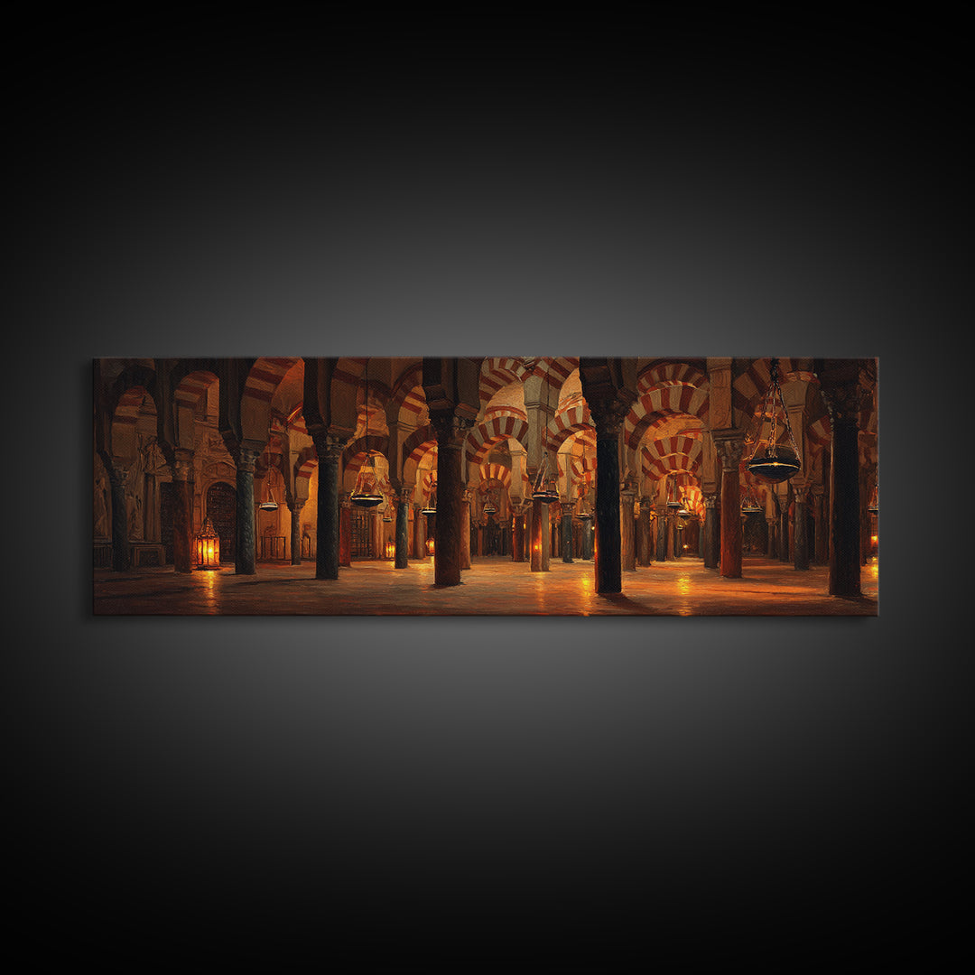 Warm Glowing Columns Of Ancient Mosque Interior With Arches Framed Canvas Print For Rustic Home Decor And Statement Wall Art