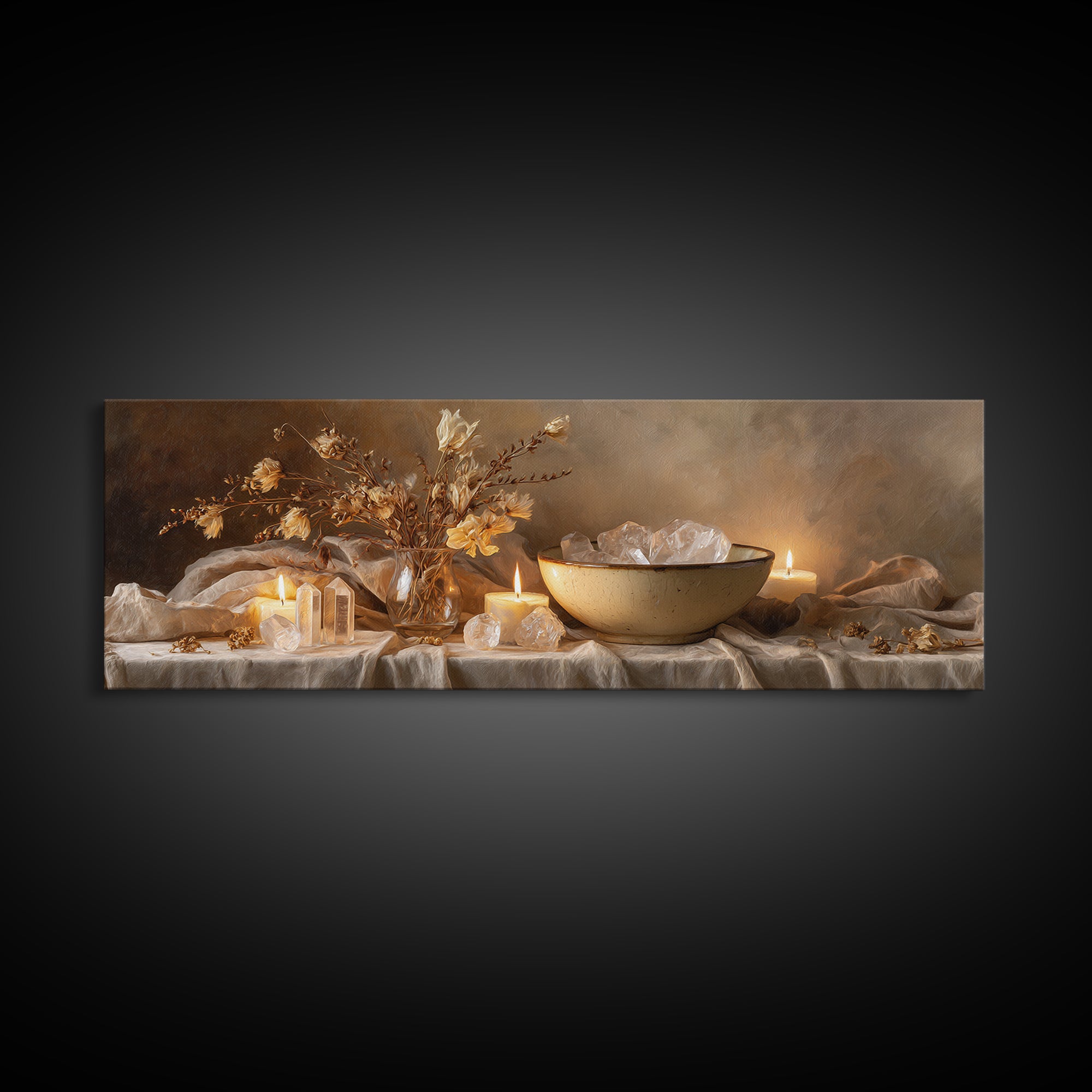 Crystals Candles And Dried Flowers Wall Art, Moody Spa Framed Canvas Print, Zen Meditation Decor For Cozy Living Room Art