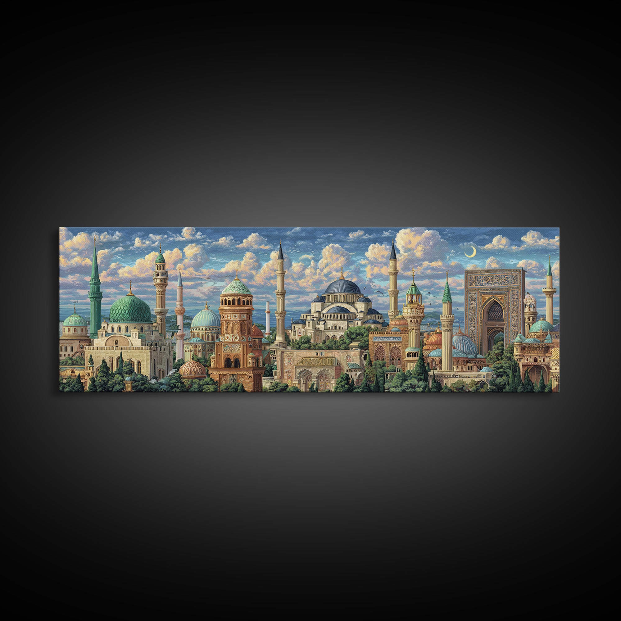 Historic Mosque With Intricate Islamic Architecture And Blue Domes Framed Canvas Print Fine Art Wall Decor For Home And Office
