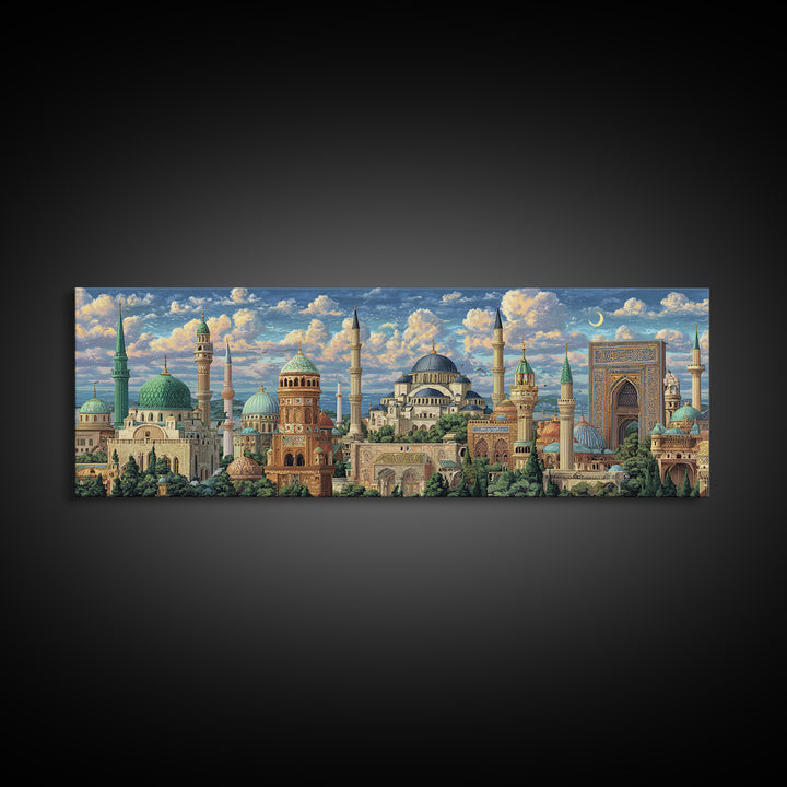 Historic Mosque With Intricate Islamic Architecture And Blue Domes Framed Canvas Print Fine Art Wall Decor For Home And Office