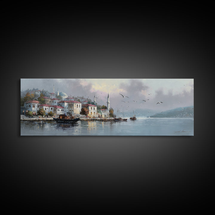Scenic Coastal Fishing Village With Boats In Harbor Under Soft Cloudy Sky Framed Canvas Print For Rustic And Vintage Wall Art