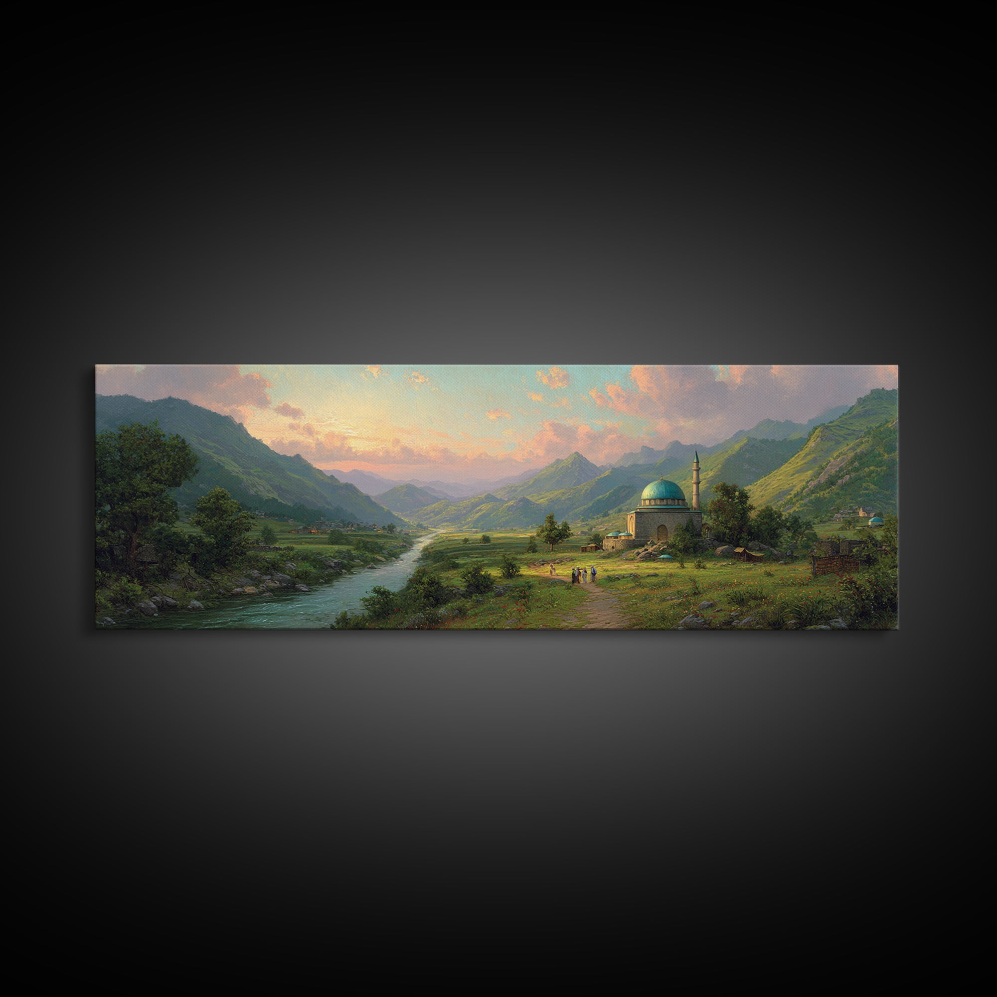 Beautiful Serene Mountain Landscape With River And Village, Romantic Nature Oil Painting Framed Canvas Print, Large Wall Art For Home Decor