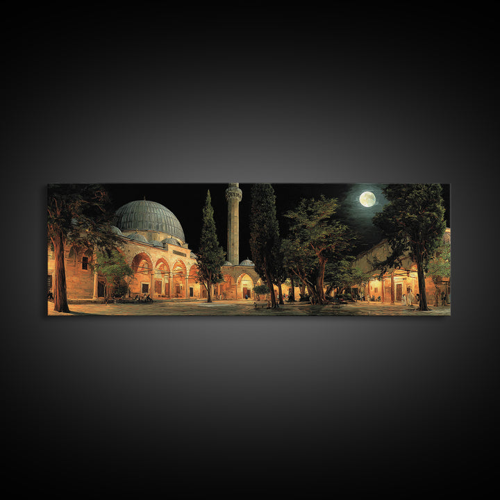 Nighttime Mosque Courtyard With Warm Lighting And People Gathered Framed Canvas Print For Spiritual Wall Art