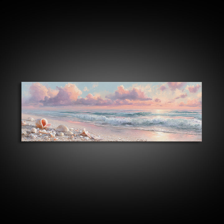 Pastel Ocean Waves And Shells Beach Wall Art, Coastal Canvas Print, Seashell Bathroom Decor And Beach House Gift For Her
