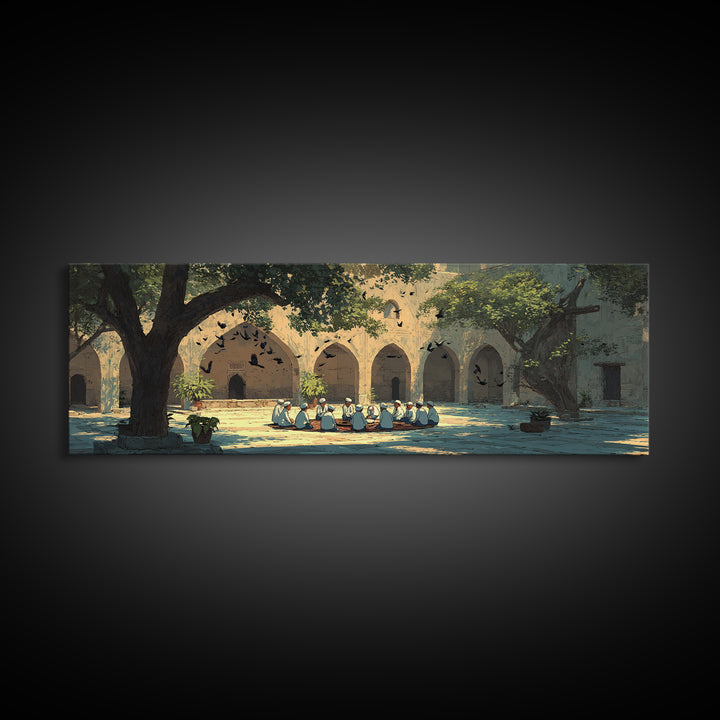 Historic Courtyard With Men In Traditional Clothing Sitting And Talking Framed Canvas