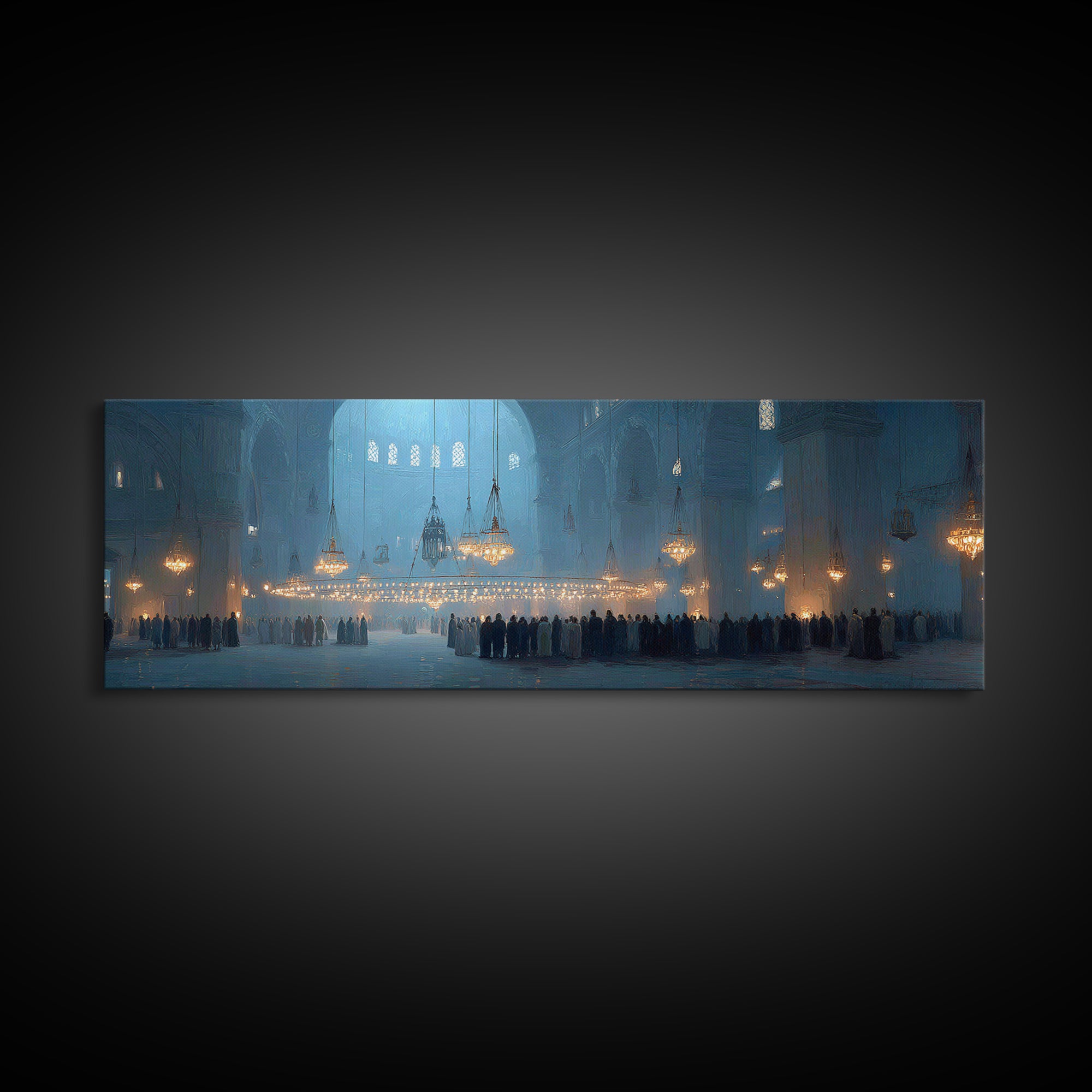 Ethereal Interior Of Historic Mosque With Soft Blue Tone And Glowing Chandeliers Canvas Print