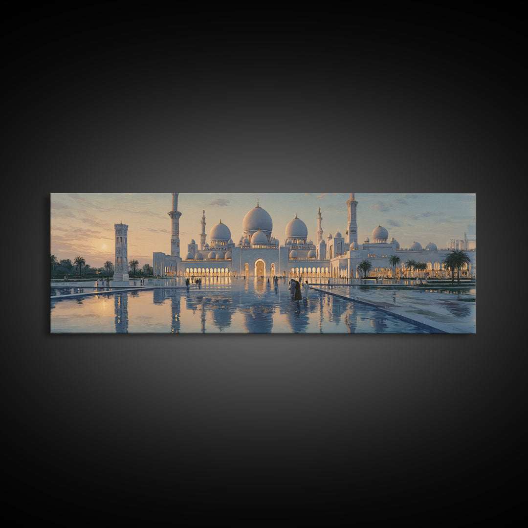 Majestic Mosque Sunset Golden Hour With Warm Glow And Reflections - Elegant Architectural Wall Art Canvas Print For Home Decor
