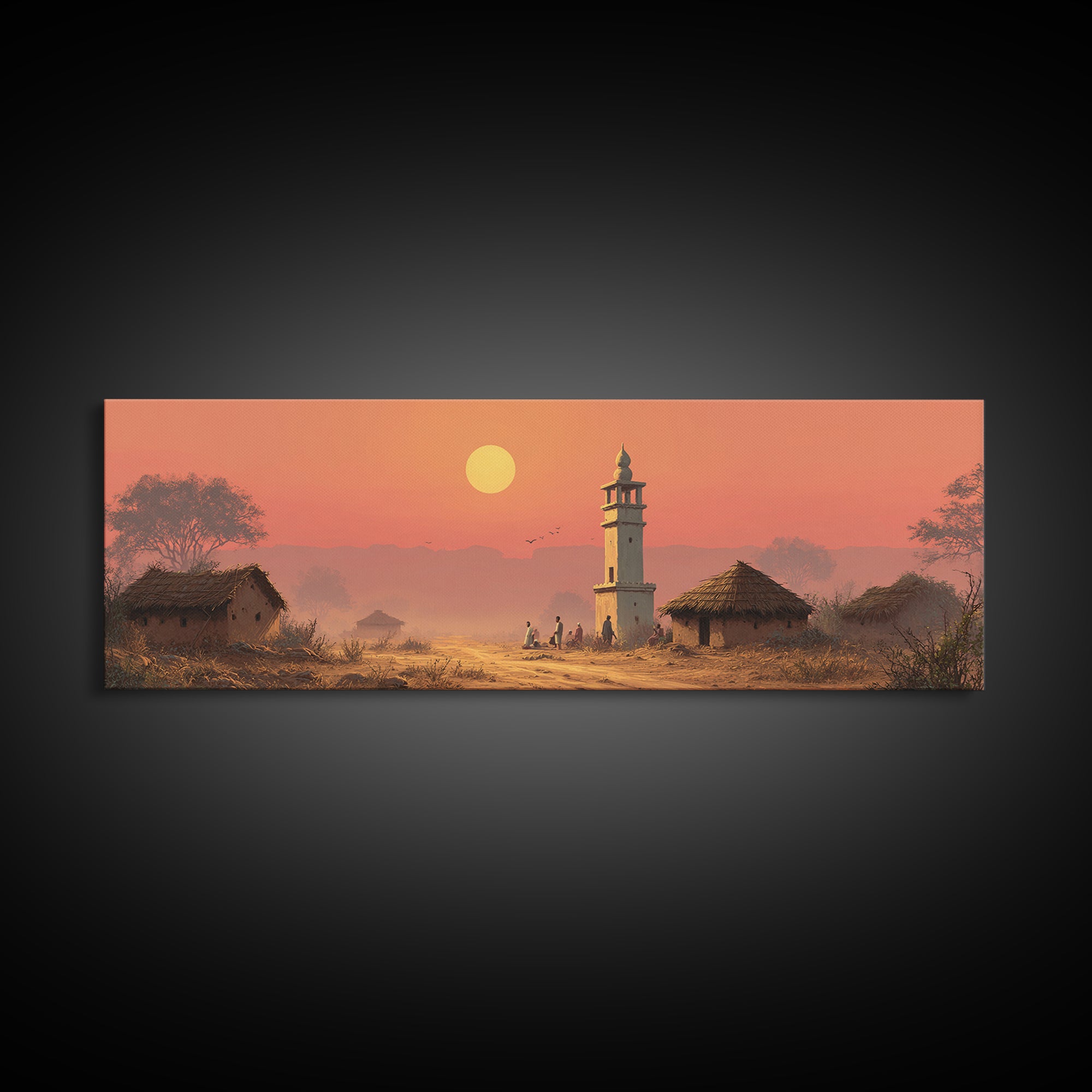 Rural Village Minaret At Peach Sunset Wall Art, Islamic Landscape Print, Prayer Room Decor, Warm Farmhouse Home Decor Gift