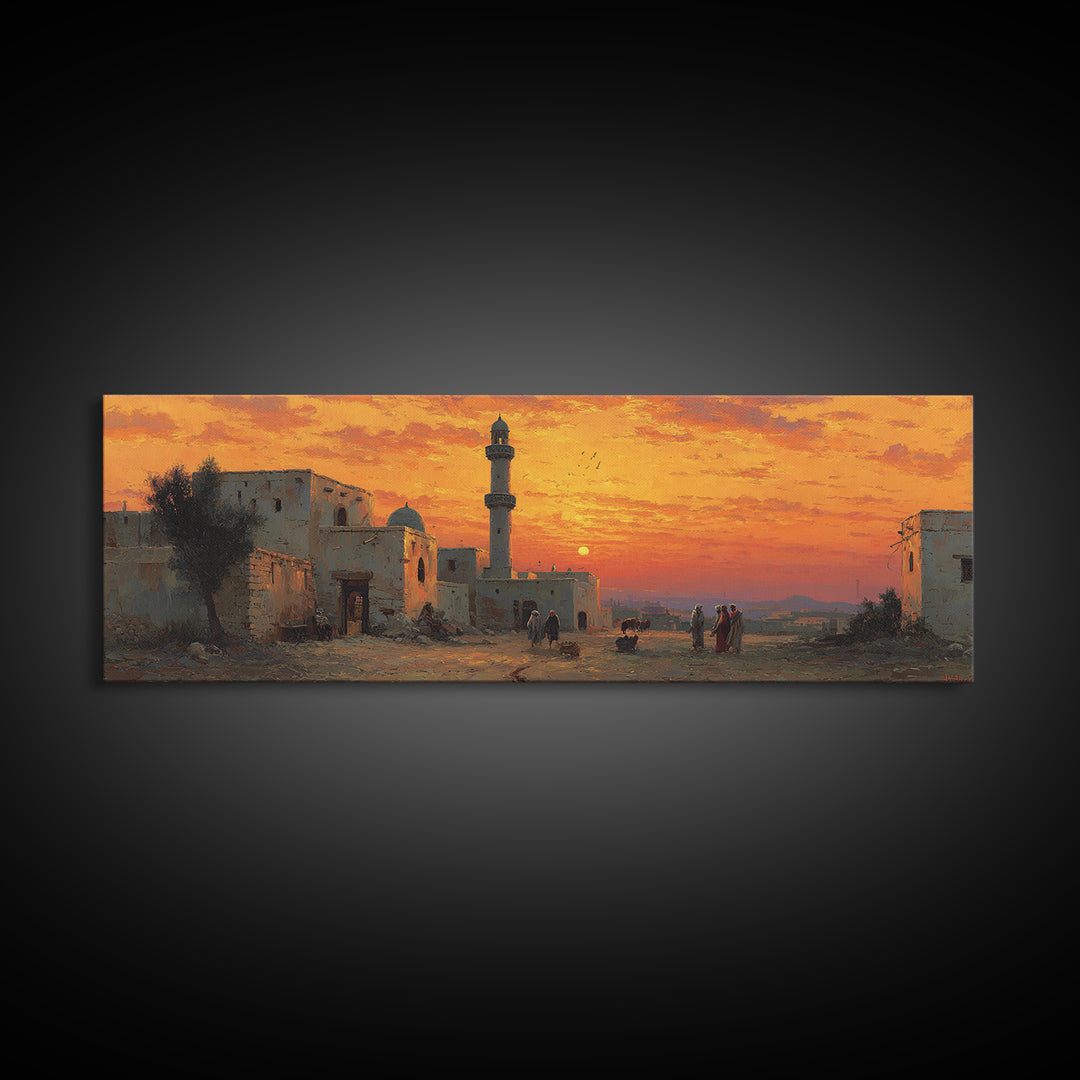 Stunning Sunset Over Desert Village With Minaret Oil Painting Warm Landscape Wall Art Framed Canvas Print For Home And Office