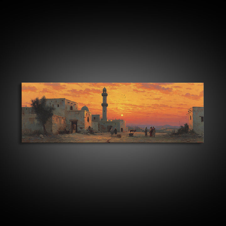 Stunning Sunset Over Desert Village With Minaret Oil Painting Warm Landscape Wall Art Framed Canvas Print For Home And Office