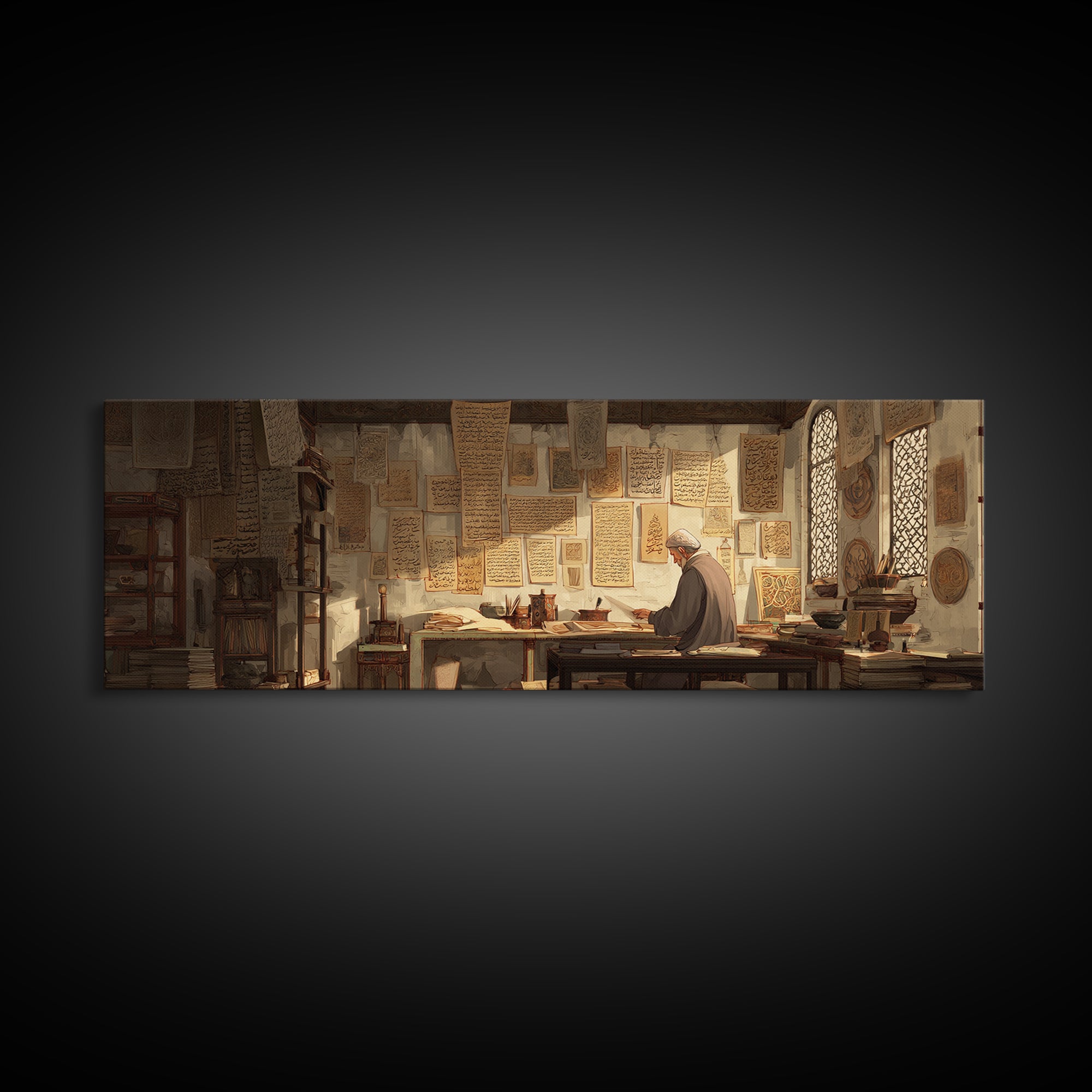 Old Scholar Reading Ancient Manuscripts In Historic Study Room Canvas Print Wall Art For Office Decor