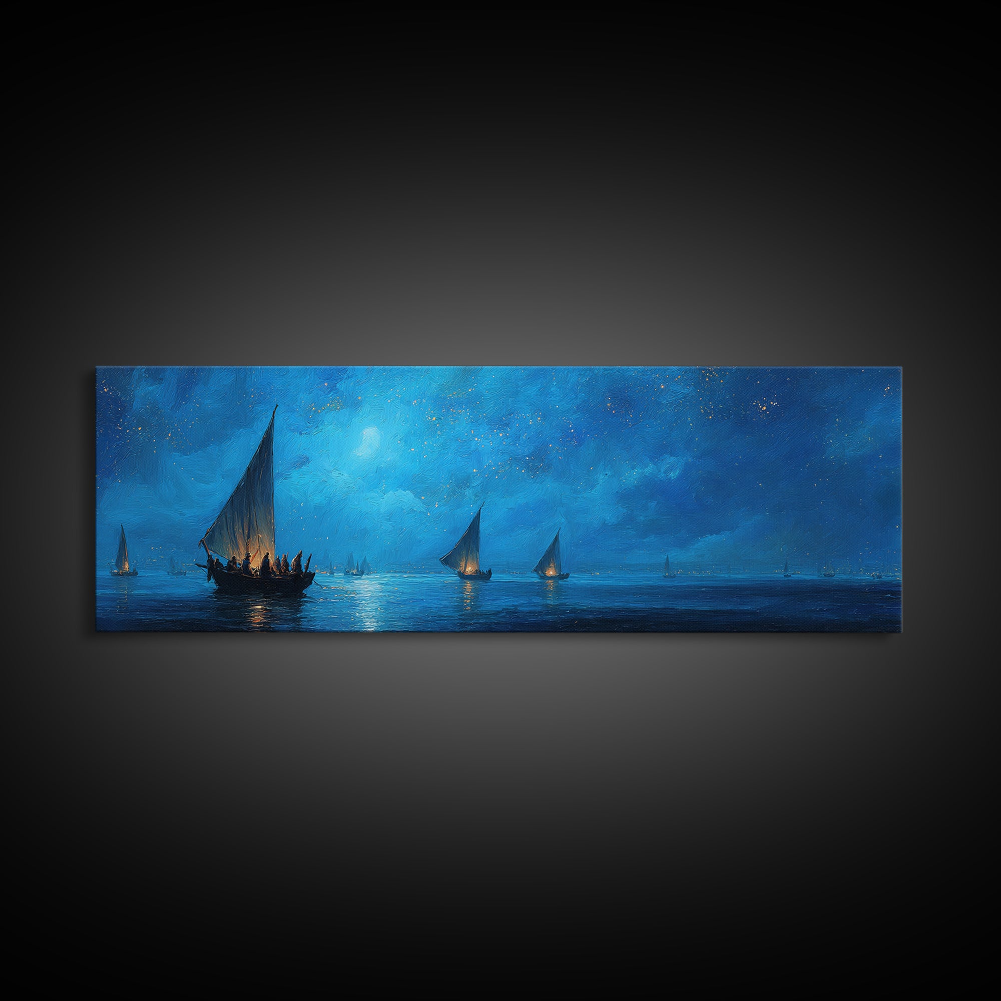 Fantasy Dusk Scene Sailing Boats On Calm Sea Under Moonlight Stunning Landscape Oil Painting Framed Canvas Print for Bedroom Wall Art