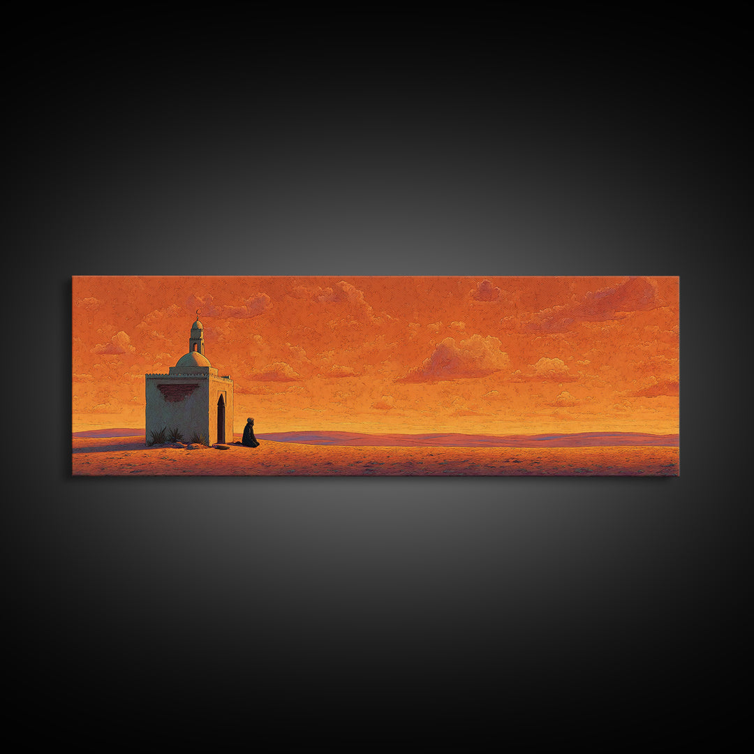 Orange Desert Mosque At Sunset Wall Art, Islamic Landscape Print, Panoramic Canvas, Prayer Room Decor, Warm Earth Tone Home Decor