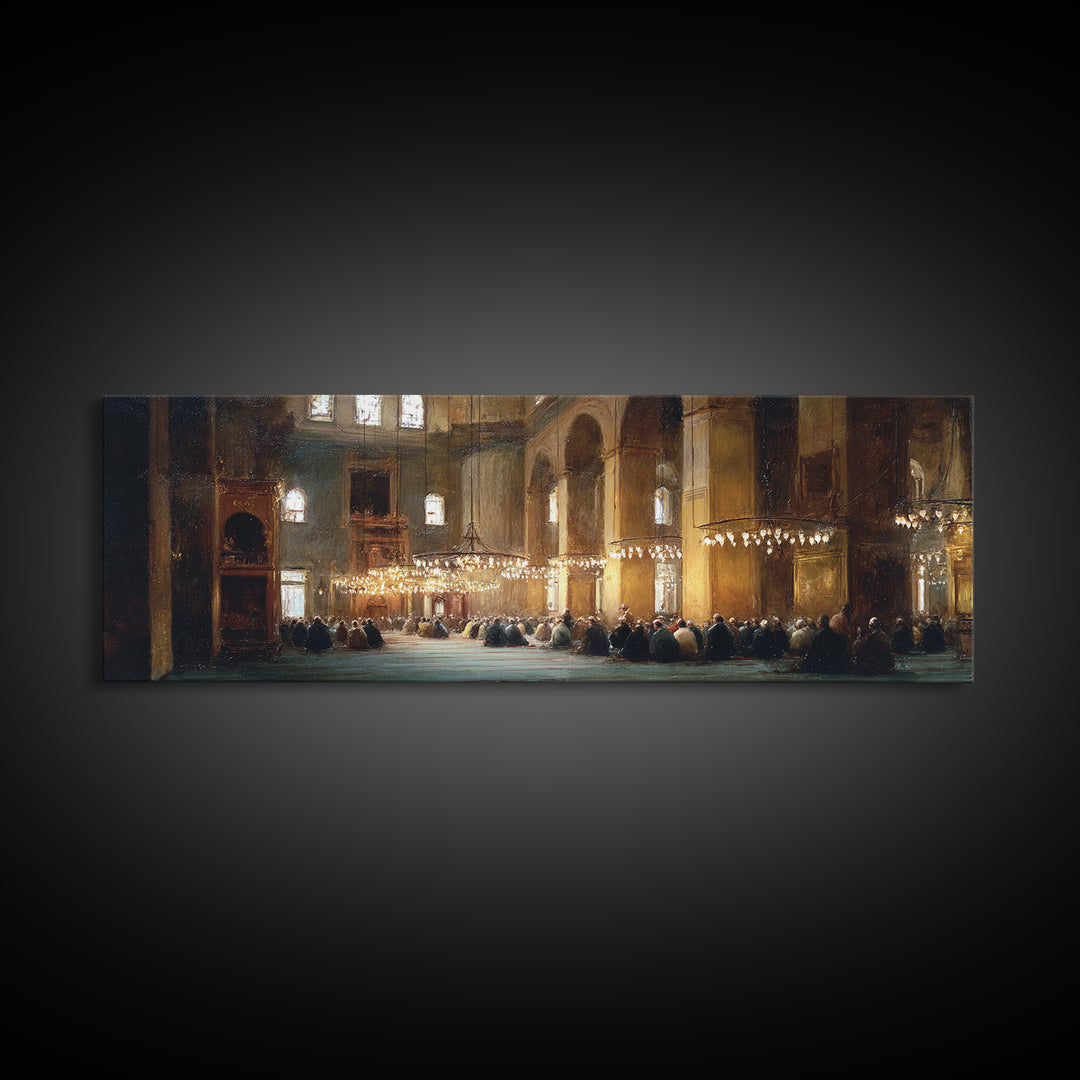 Classic Church Interior Worshipers Praying Under Chandeliers Religious Wall Art Framed Canvas Print