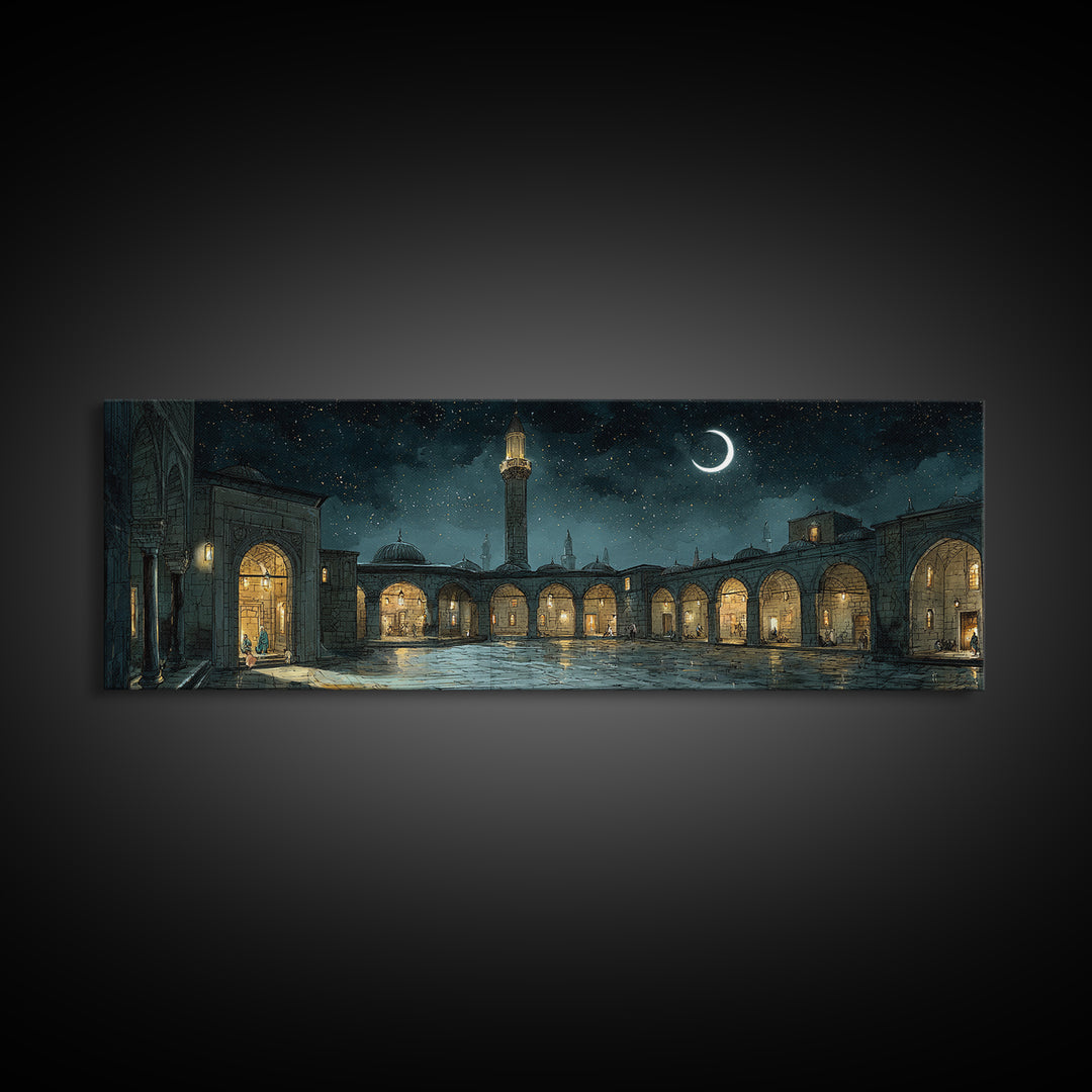Enchanting Night Courtyard With Starry Sky And Crescent Moon - Magical Wall Art Canvas Print For Bedroom And Living Room Decor